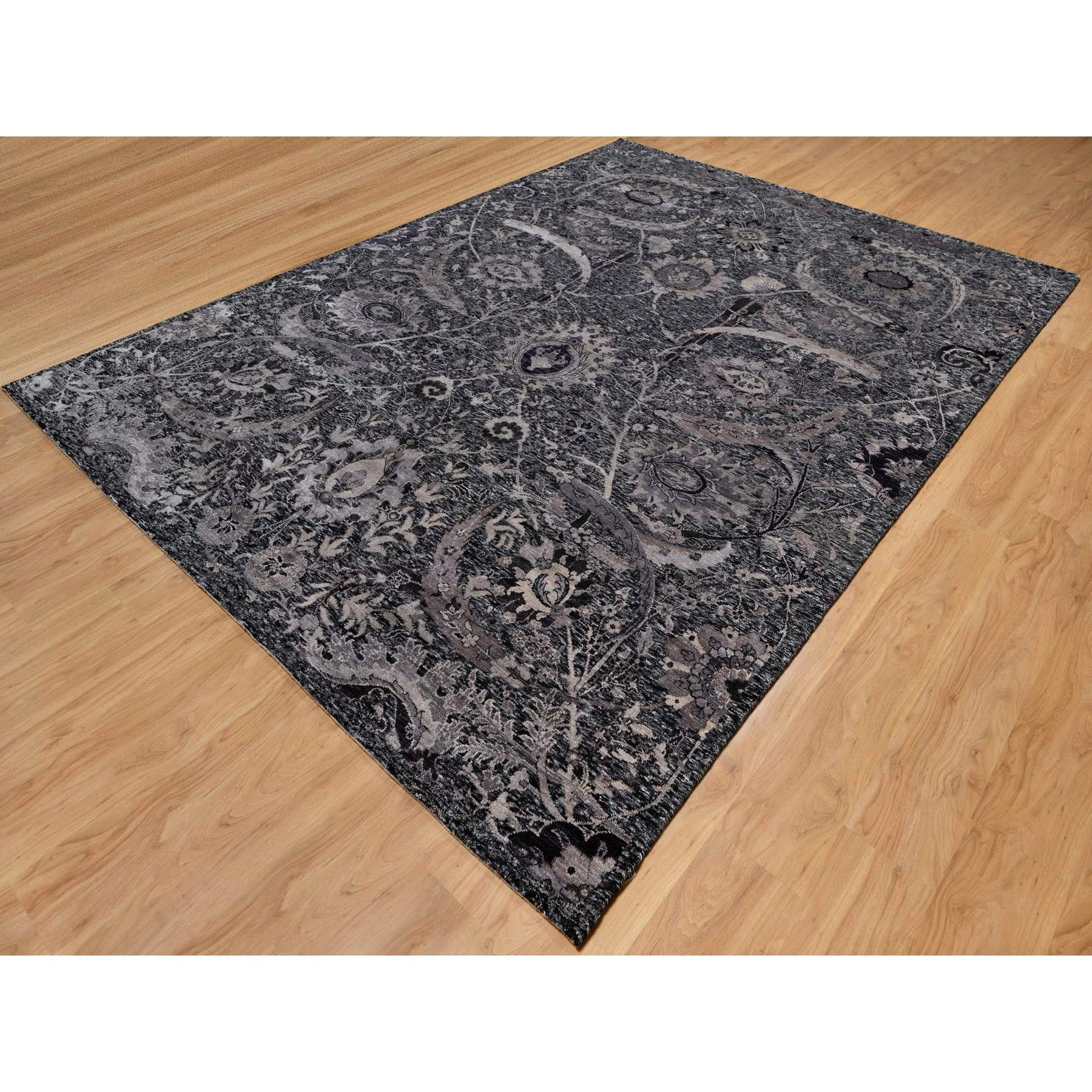 8'8"x11'10" Onyx Black, Soft Pile, Sickle Leaf Design, Lush and Plush, Hand Knotted, Wool and Silk, Oriental Rug HR91167 - Image 3