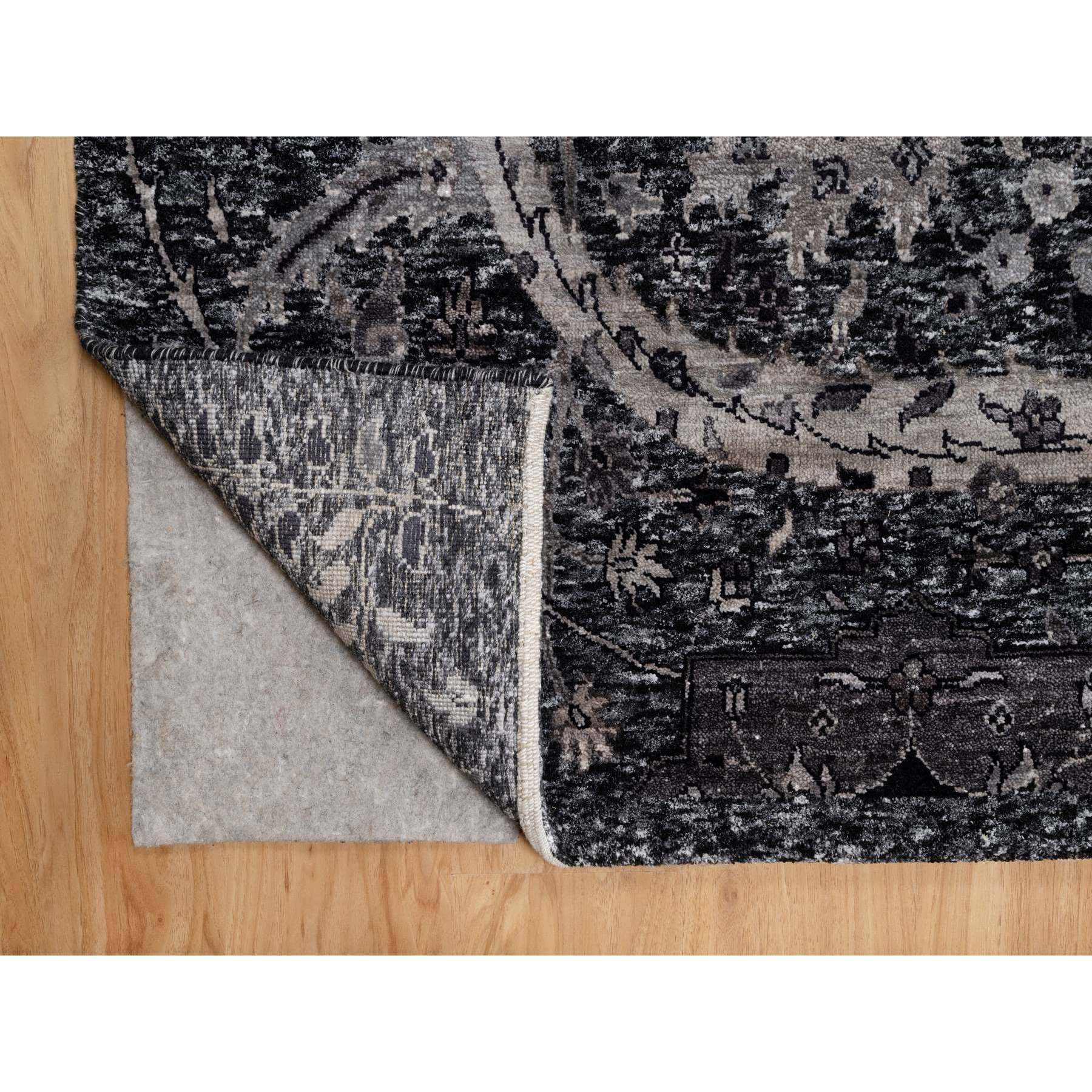 8'8"x11'10" Onyx Black, Soft Pile, Sickle Leaf Design, Lush and Plush, Hand Knotted, Wool and Silk, Oriental Rug HR91167 - Image 4
