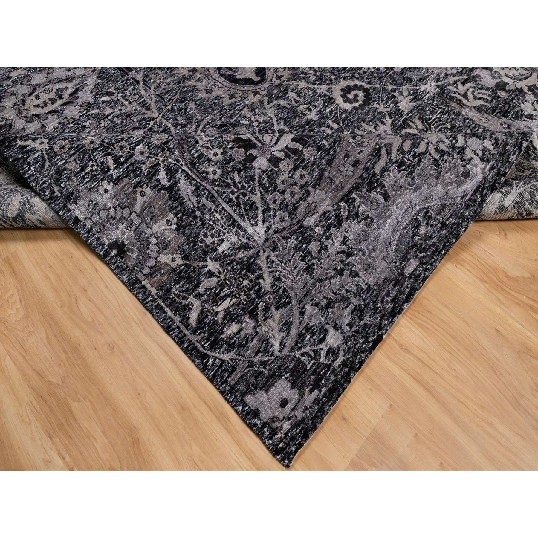 8'8"x11'10" Onyx Black, Soft Pile, Sickle Leaf Design, Lush and Plush, Hand Knotted, Wool and Silk, Oriental Rug HR91167 - Image 6