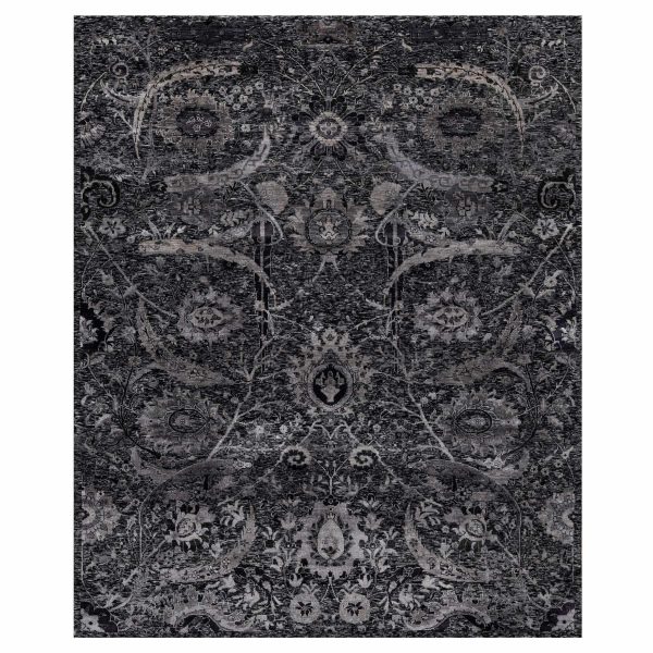 8'1"x10' Phantom Black, Lush and Plush, Hand Knotted, Sickle Leaf Design, Soft Pile, Wool and Silk, Oriental Rug HR91169
