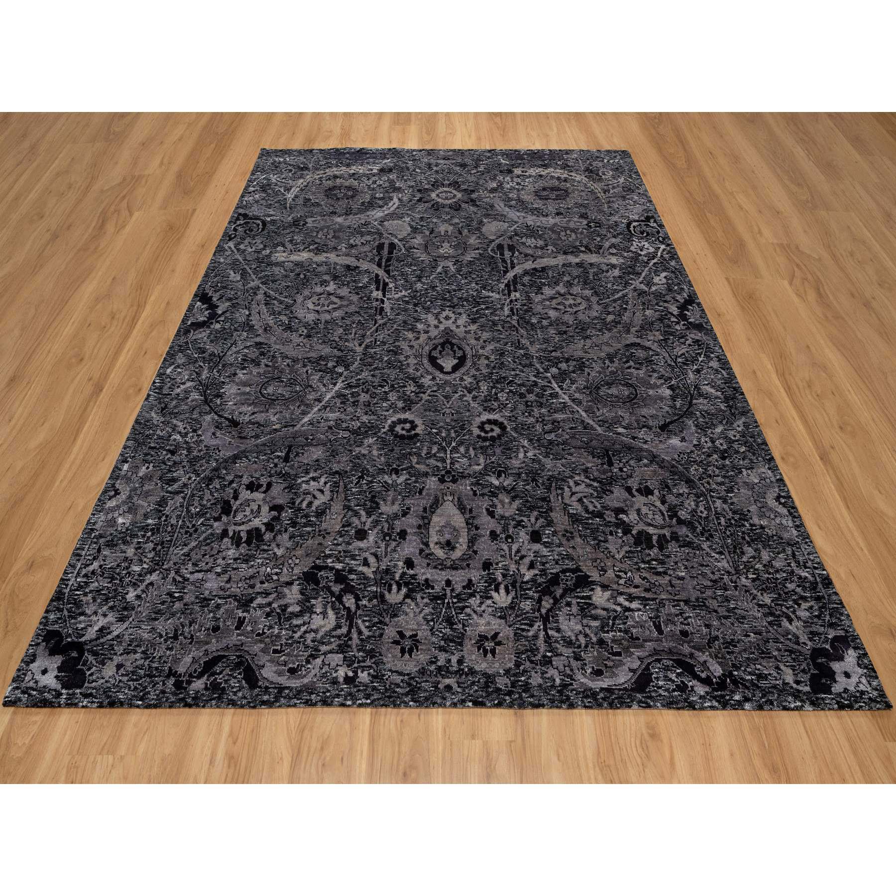 8'1"x10' Phantom Black, Lush and Plush, Hand Knotted, Sickle Leaf Design, Soft Pile, Wool and Silk, Oriental Rug HR91169 - Image 2