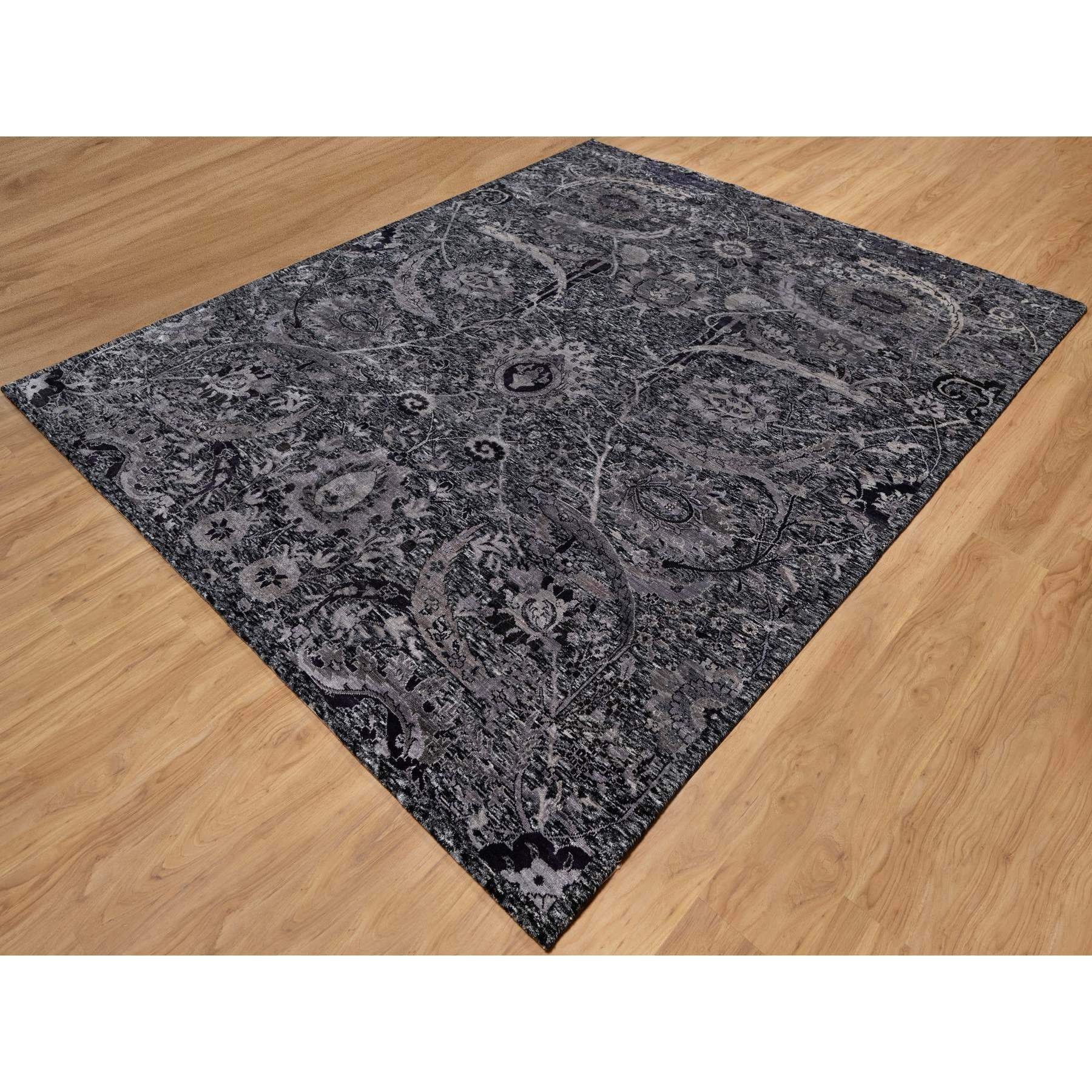 8'1"x10' Phantom Black, Lush and Plush, Hand Knotted, Sickle Leaf Design, Soft Pile, Wool and Silk, Oriental Rug HR91169 - Image 3