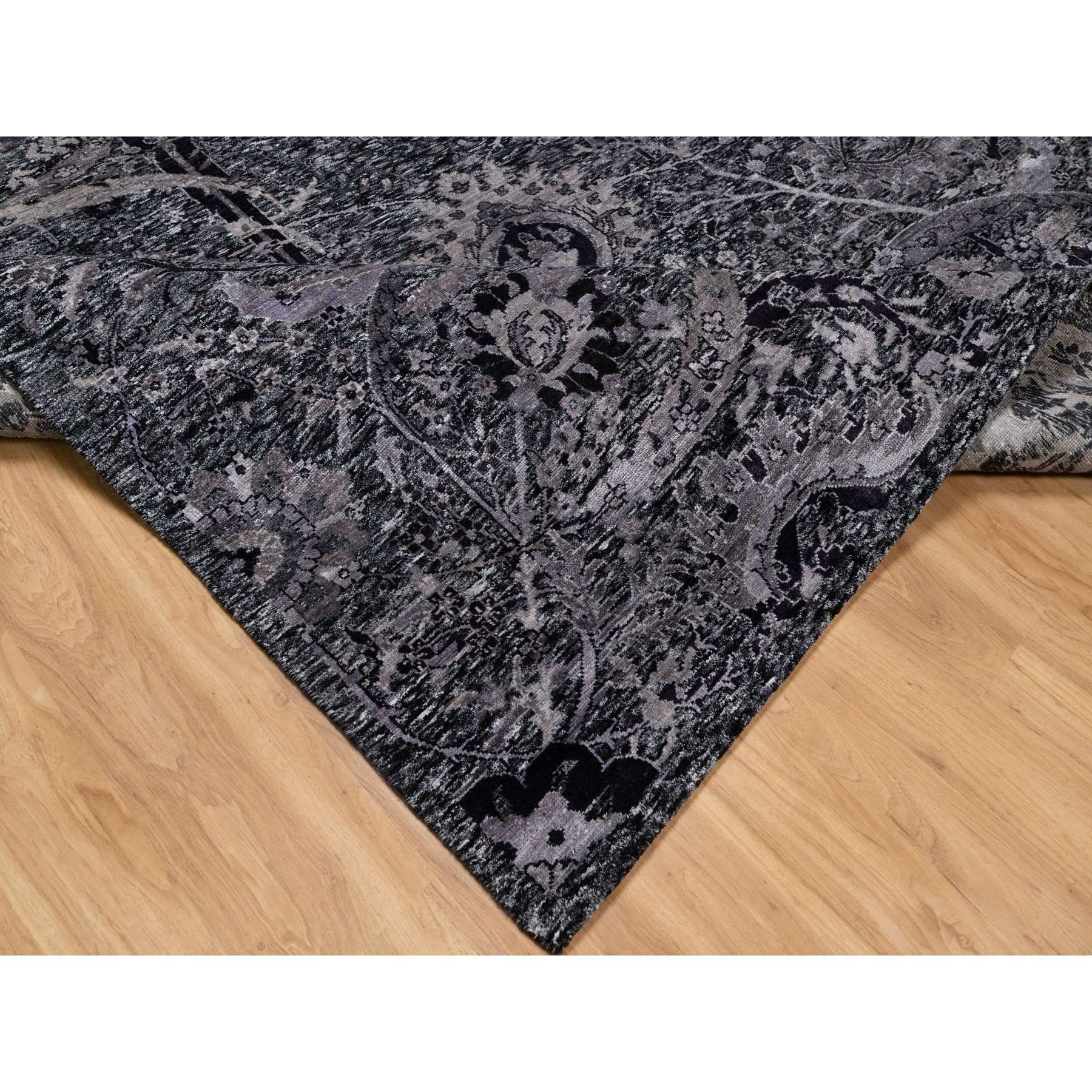8'1"x10' Phantom Black, Lush and Plush, Hand Knotted, Sickle Leaf Design, Soft Pile, Wool and Silk, Oriental Rug HR91169 - Image 6