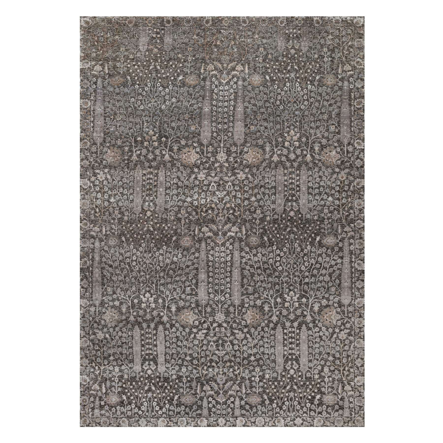 9'9"x14'2" Ash Gray, Willow and Cypress Tree Design, Denser Weave, Textured Wool and Silk, Hand Knotted, Oriental Rug HR91171