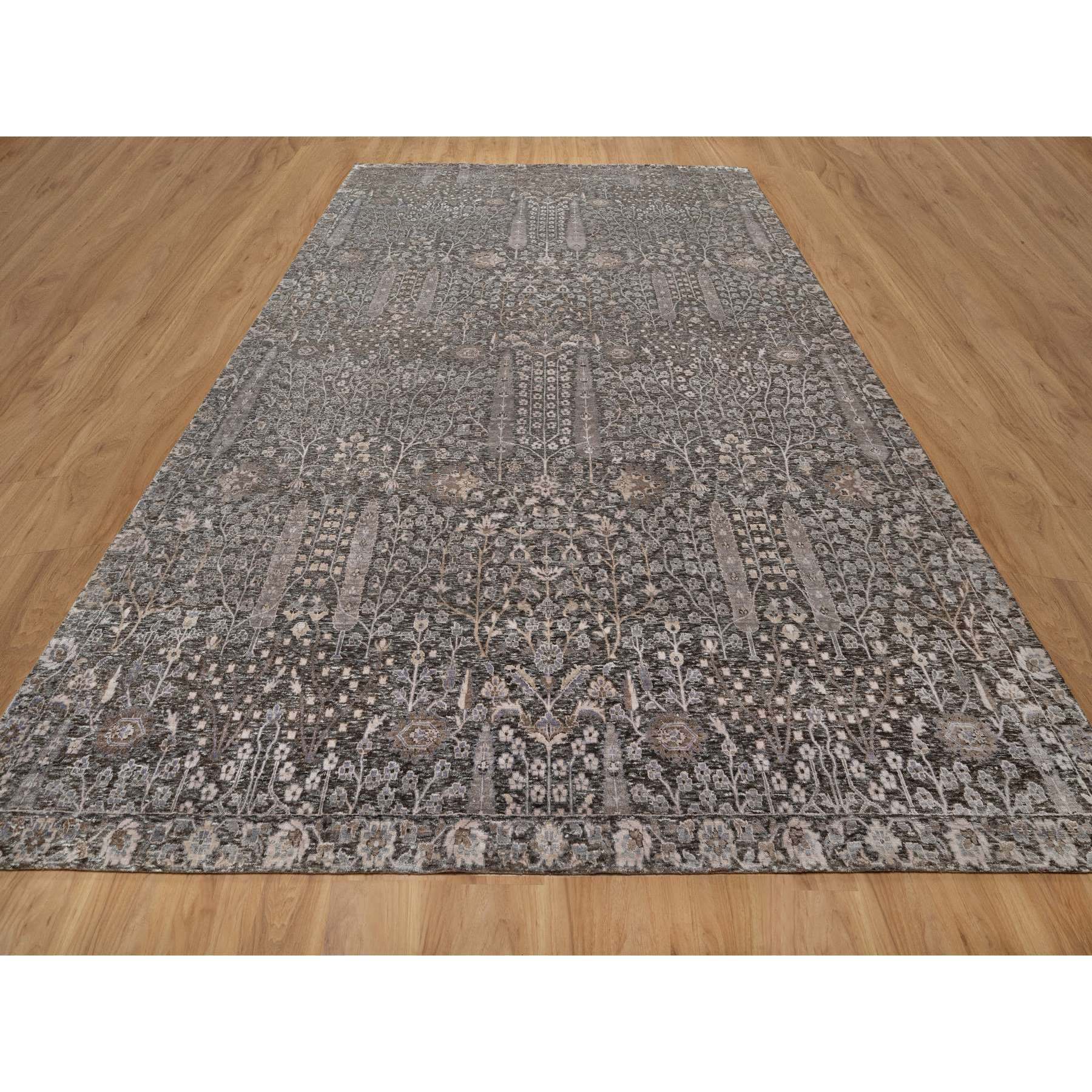 9'9"x14'2" Ash Gray, Willow and Cypress Tree Design, Denser Weave, Textured Wool and Silk, Hand Knotted, Oriental Rug HR91171 - Image 2