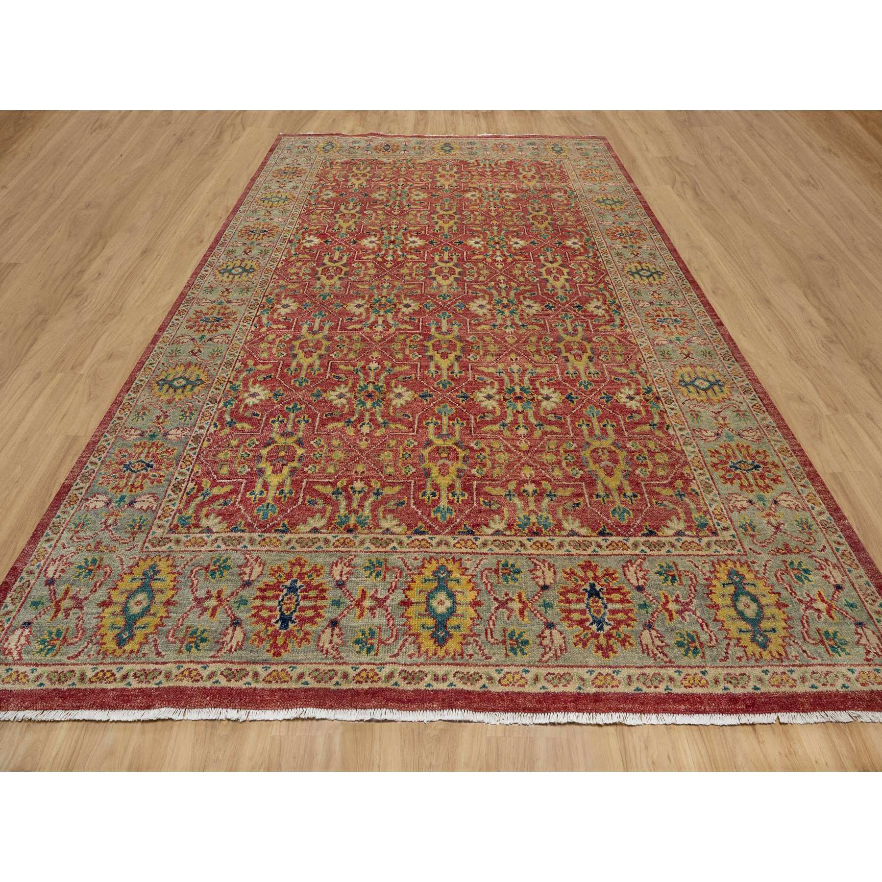 10'x14'2" Scarlet Red, Antiqued Oushak Reimagined, Sheared Low, Pure Wool, Hand Knotted, Repetitive Star and Rosette Design, Oriental Rug HR91174 - Image 2