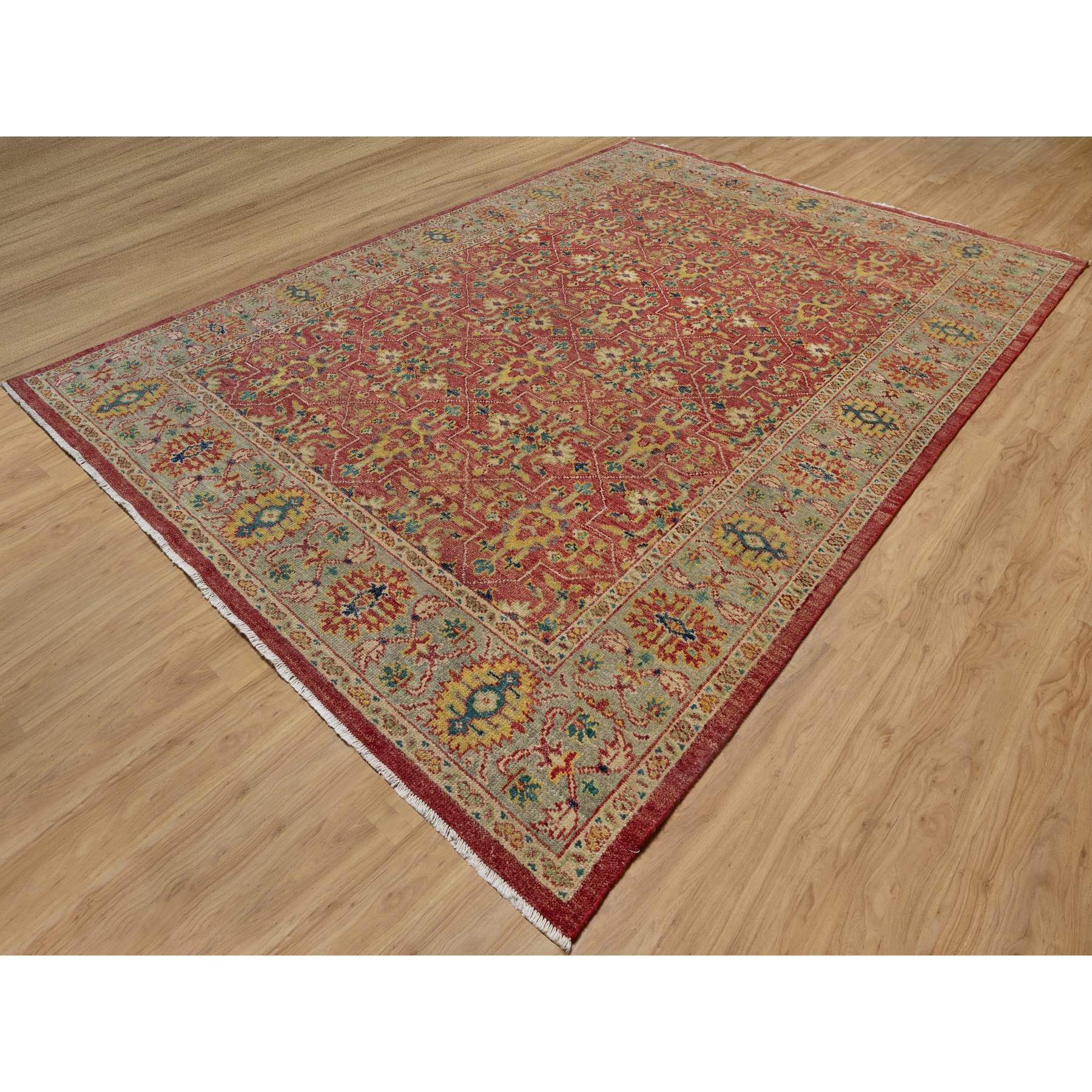 10'x14'2" Scarlet Red, Antiqued Oushak Reimagined, Sheared Low, Pure Wool, Hand Knotted, Repetitive Star and Rosette Design, Oriental Rug HR91174 - Image 3