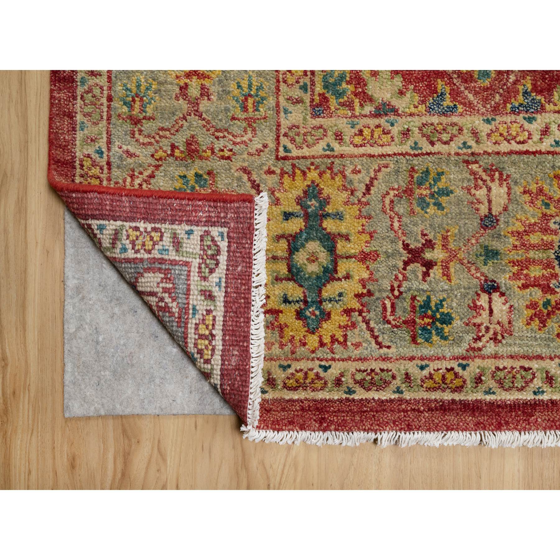 10'x14'2" Scarlet Red, Antiqued Oushak Reimagined, Sheared Low, Pure Wool, Hand Knotted, Repetitive Star and Rosette Design, Oriental Rug HR91174 - Image 4