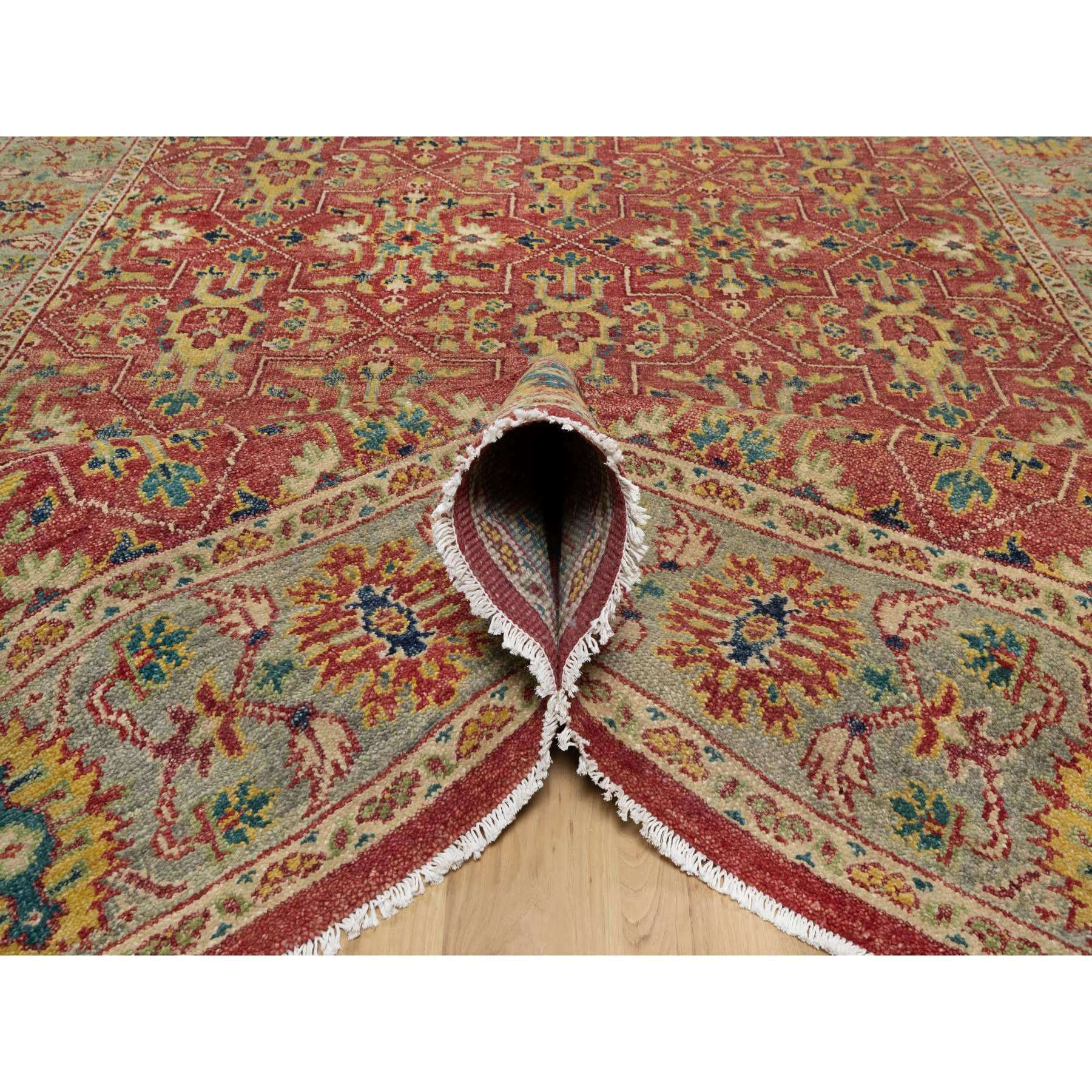 10'x14'2" Scarlet Red, Antiqued Oushak Reimagined, Sheared Low, Pure Wool, Hand Knotted, Repetitive Star and Rosette Design, Oriental Rug HR91174 - Image 5