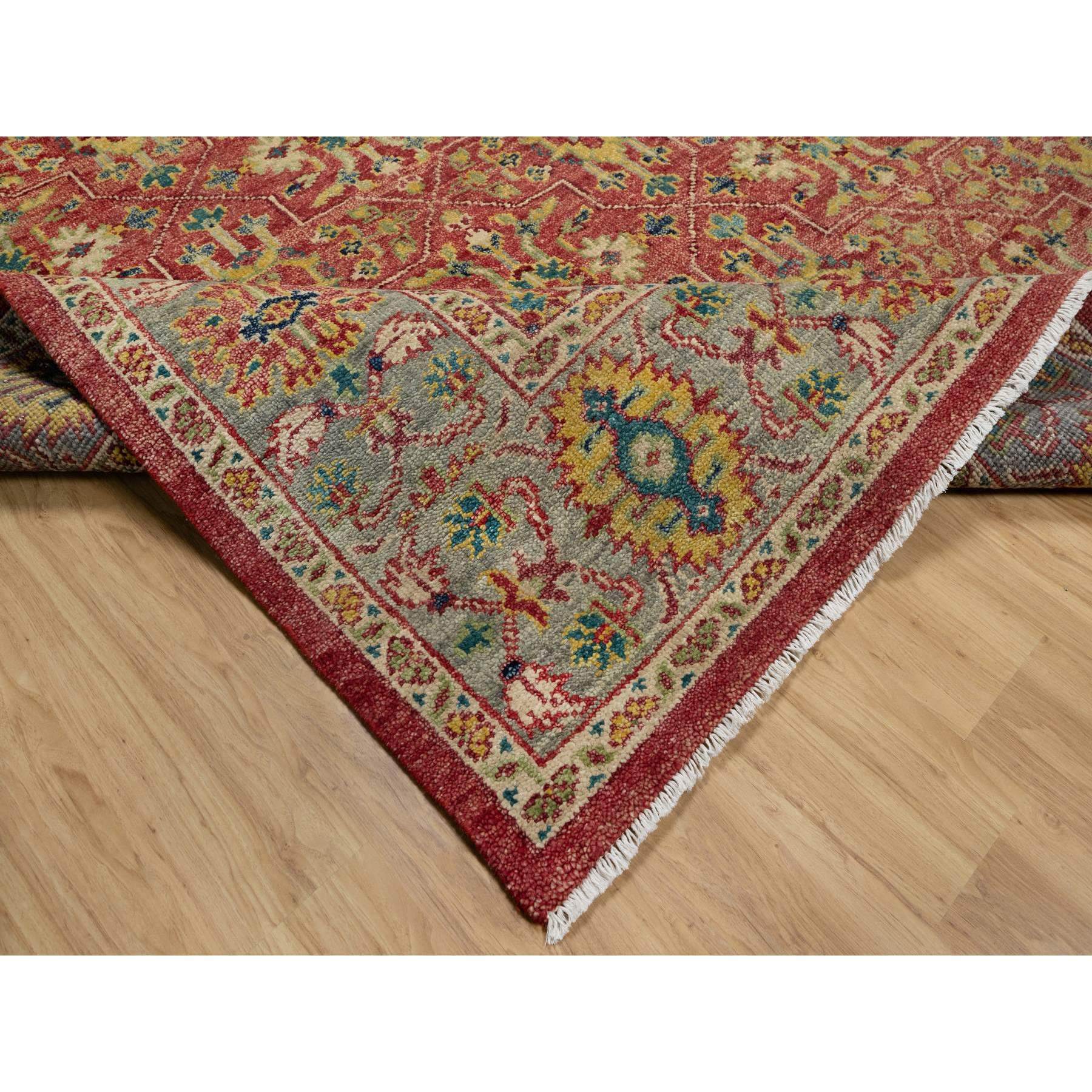 10'x14'2" Scarlet Red, Antiqued Oushak Reimagined, Sheared Low, Pure Wool, Hand Knotted, Repetitive Star and Rosette Design, Oriental Rug HR91174 - Image 6
