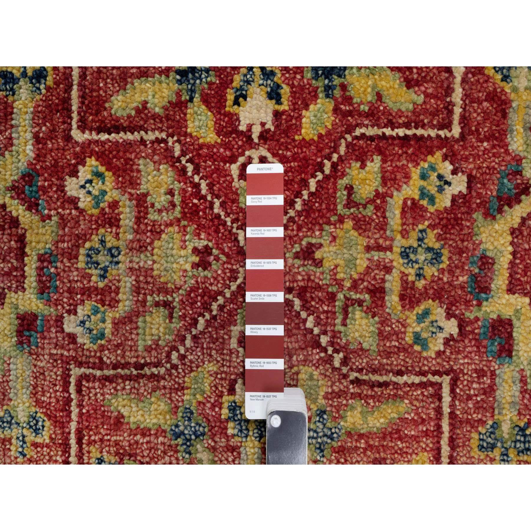 10'x14'2" Scarlet Red, Antiqued Oushak Reimagined, Sheared Low, Pure Wool, Hand Knotted, Repetitive Star and Rosette Design, Oriental Rug HR91174 - Image 7