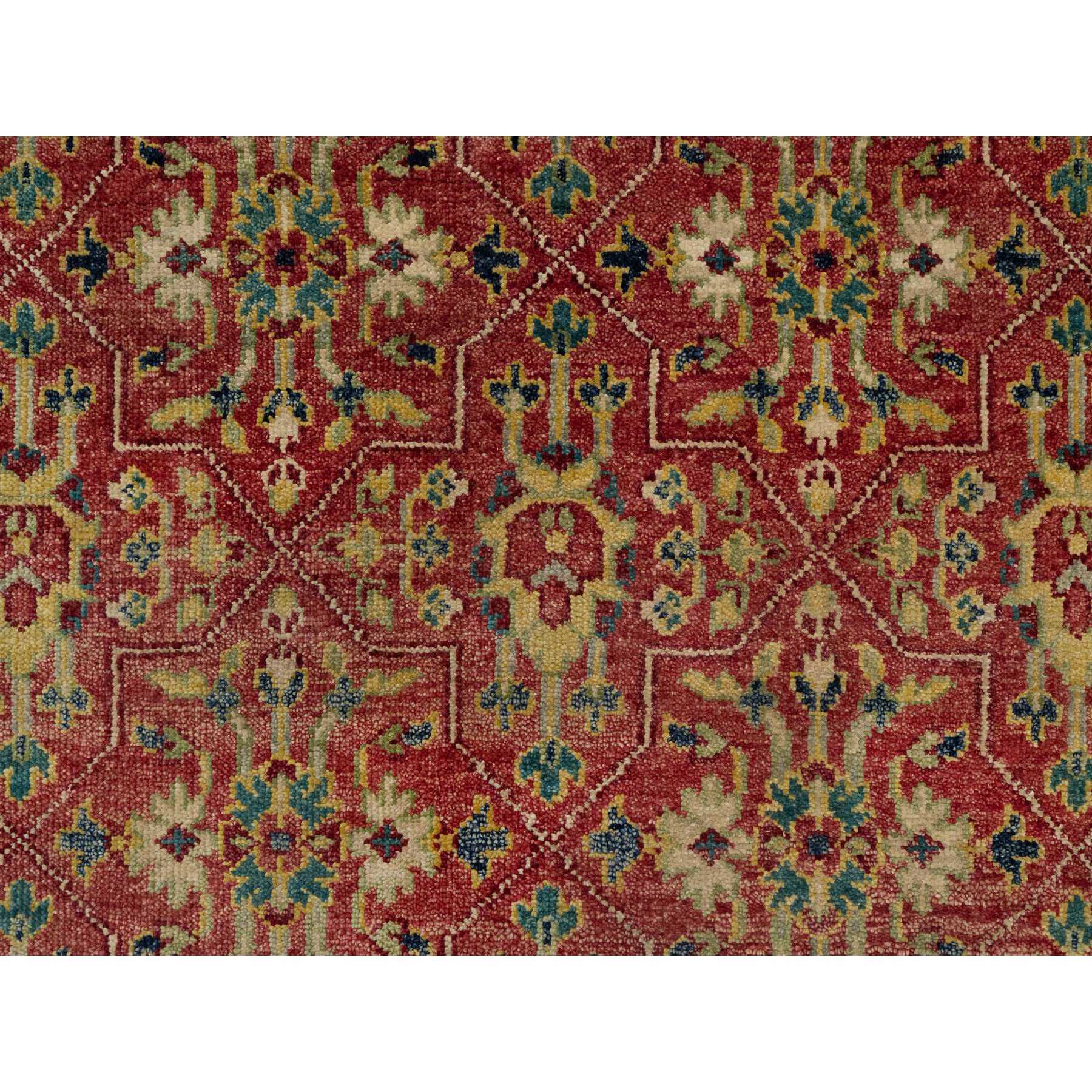 10'x14'2" Scarlet Red, Antiqued Oushak Reimagined, Sheared Low, Pure Wool, Hand Knotted, Repetitive Star and Rosette Design, Oriental Rug HR91174 - Image 8