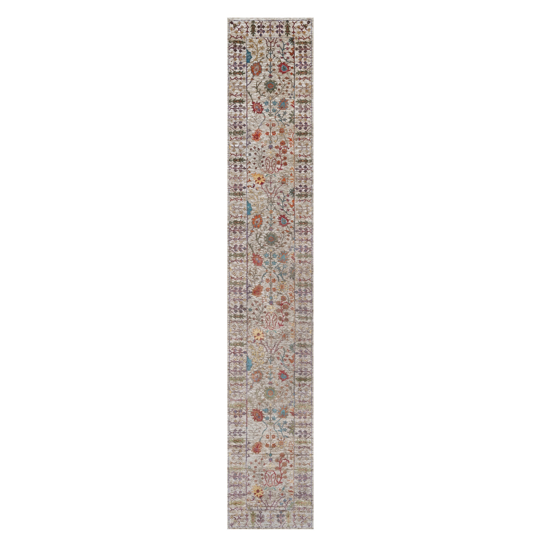 2'8"x16'2" Daisy White with Brown, Directional Vase Design, Silk with Textured Wool, Hand Knotted, XL Runner, Oriental Rug HR91176