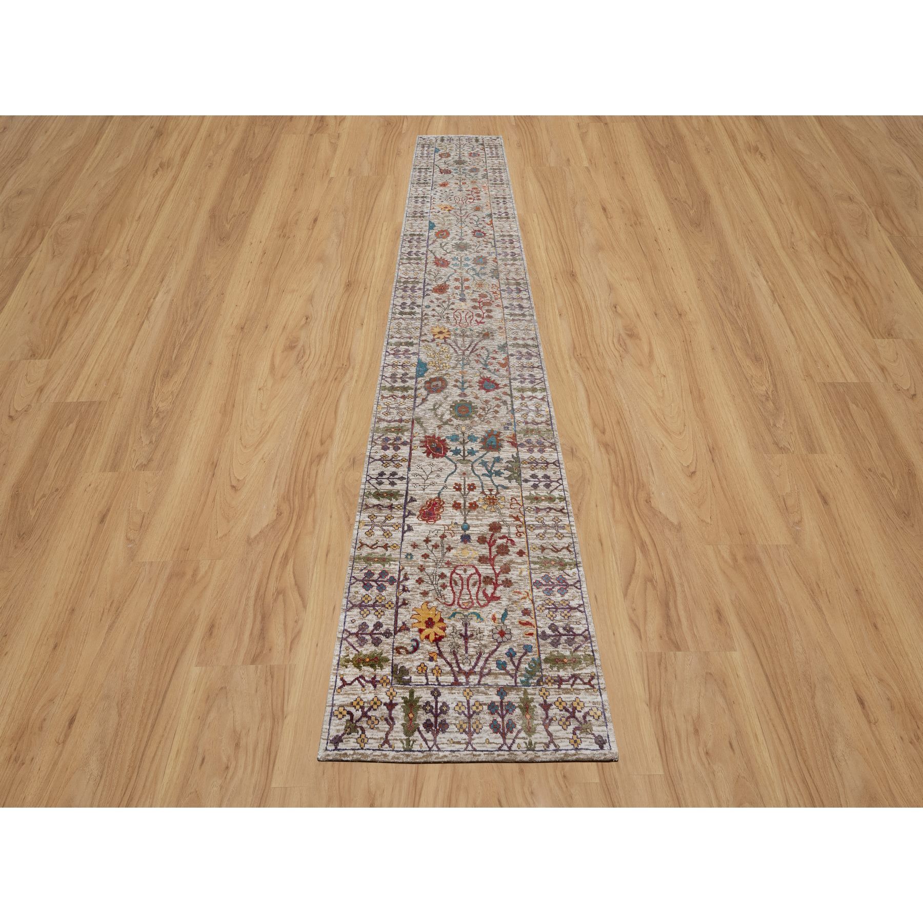 2'8"x16'2" Daisy White with Brown, Directional Vase Design, Silk with Textured Wool, Hand Knotted, XL Runner, Oriental Rug HR91176 - Image 2