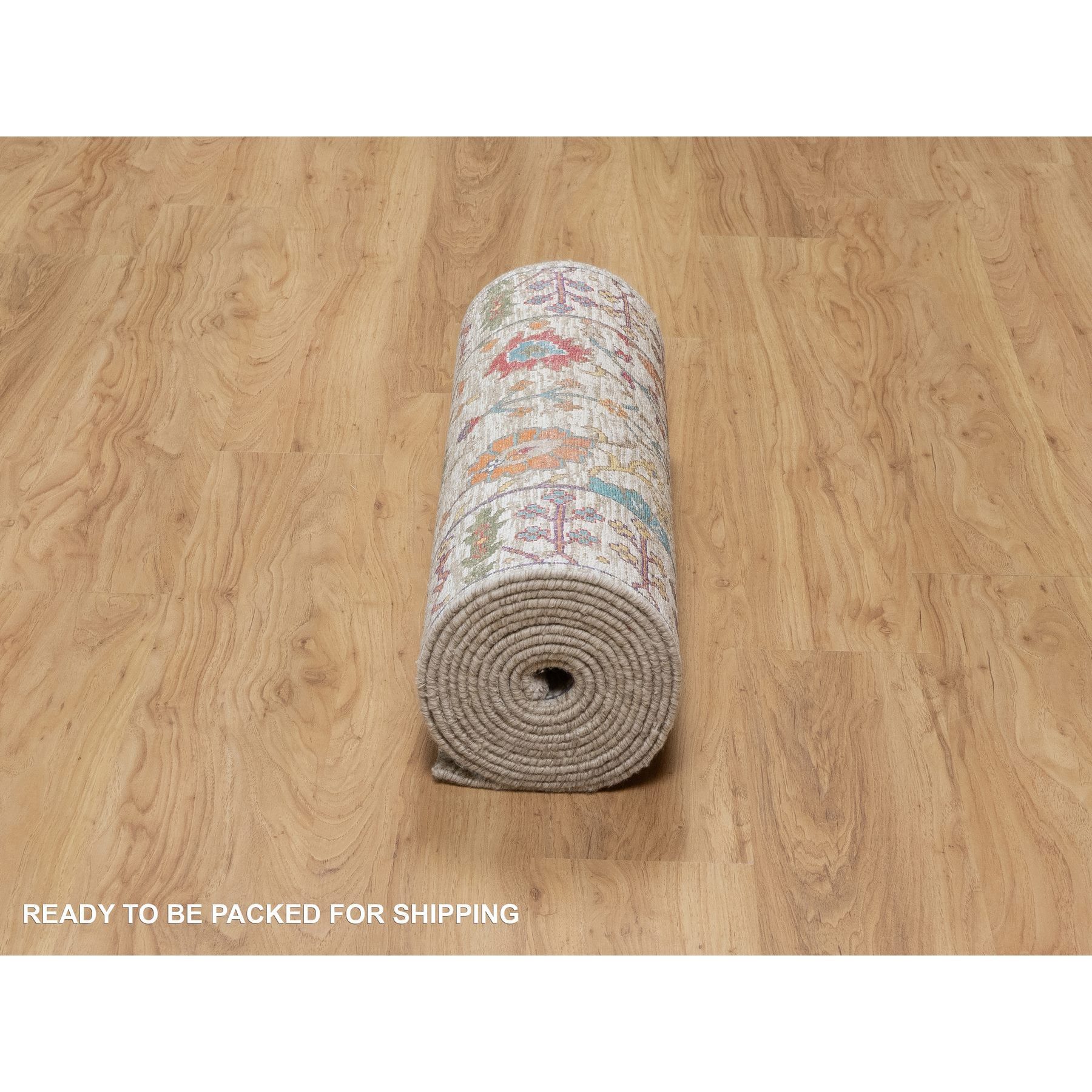 2'8"x16'2" Daisy White with Brown, Directional Vase Design, Silk with Textured Wool, Hand Knotted, XL Runner, Oriental Rug HR91176 - Image 6