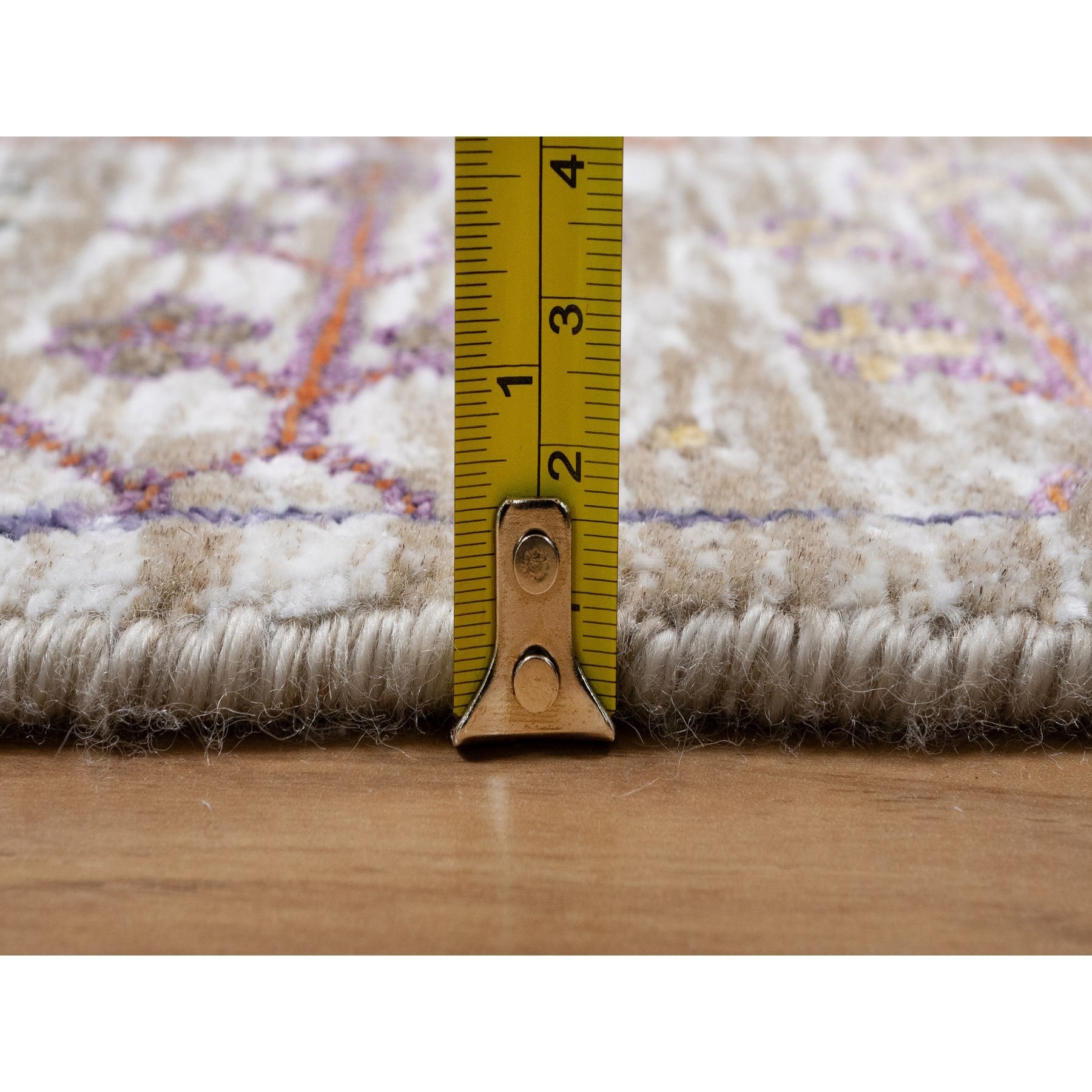 2'8"x16'2" Daisy White with Brown, Directional Vase Design, Silk with Textured Wool, Hand Knotted, XL Runner, Oriental Rug HR91176 - Image 7