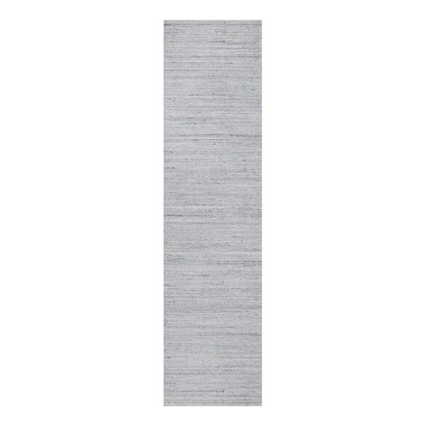 2'6"x10' Snow White, Natural Wool, Plain Modern Striae Design, Hand Loomed, Soft Pile, Runner, Oriental Rug HR91180