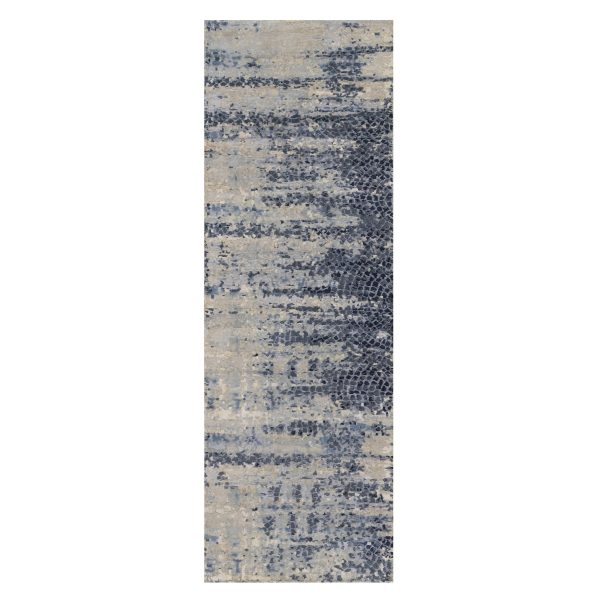 2'7"x8' Charcoal Gray with Beige, Modern Abstract with Mosaic Design, Wool and Silk, Hand Knotted, Runner, Oriental Rug HR91209
