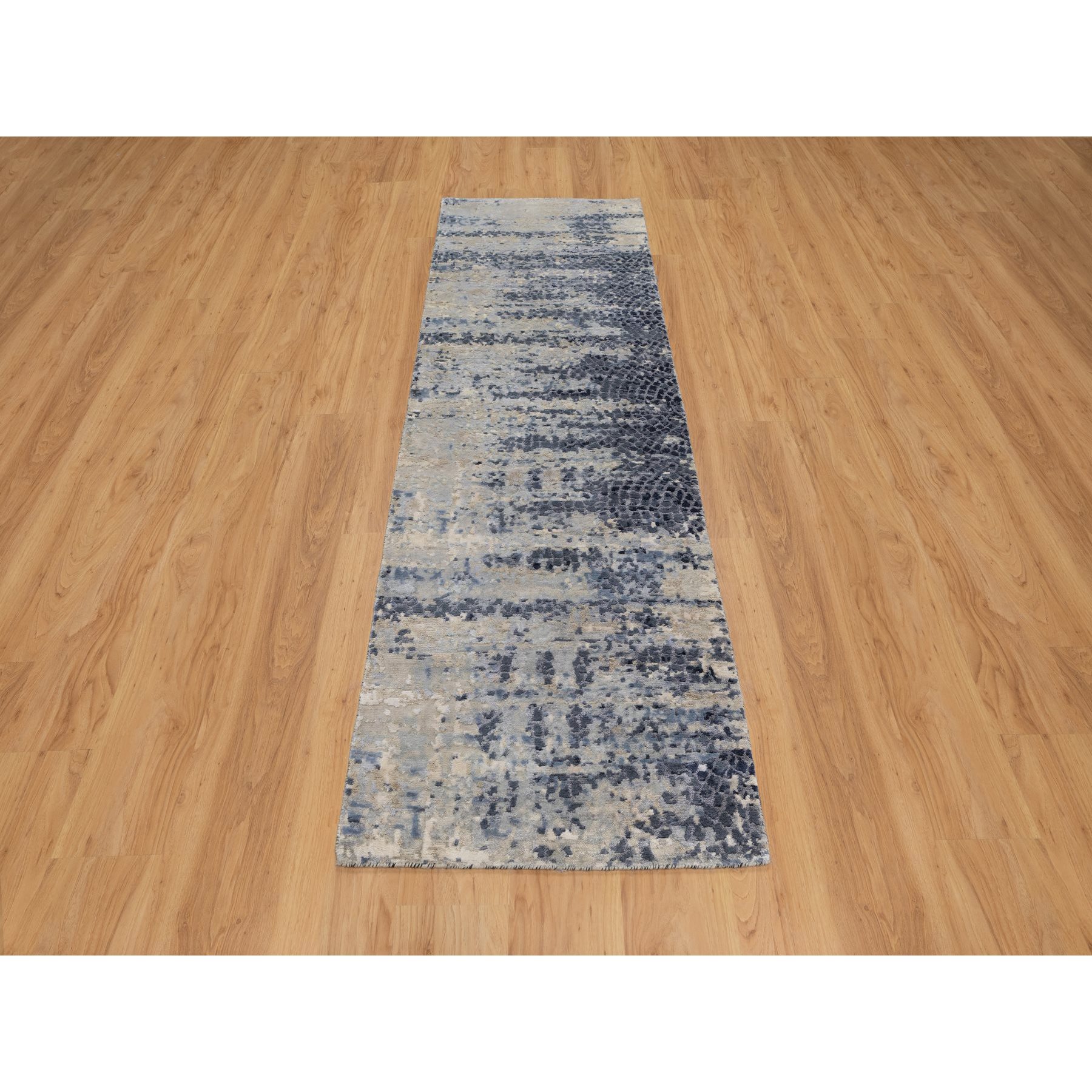 2'7"x8' Charcoal Gray with Beige, Modern Abstract with Mosaic Design, Wool and Silk, Hand Knotted, Runner, Oriental Rug HR91209 - Image 2
