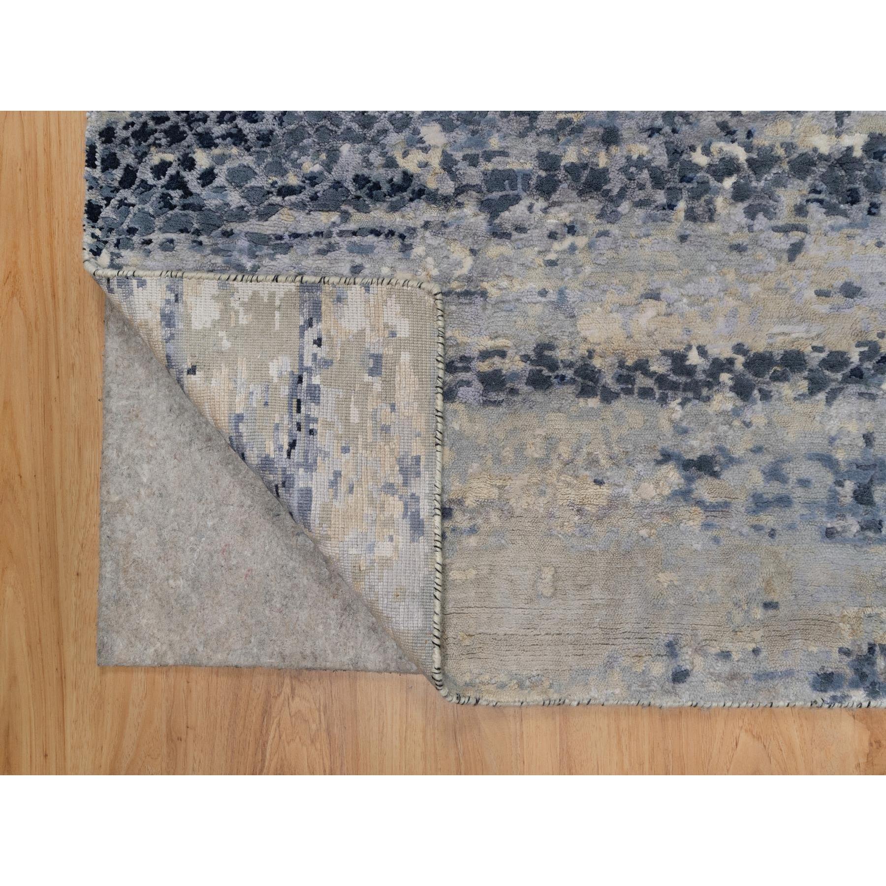 2'7"x8' Charcoal Gray with Beige, Modern Abstract with Mosaic Design, Wool and Silk, Hand Knotted, Runner, Oriental Rug HR91209 - Image 3