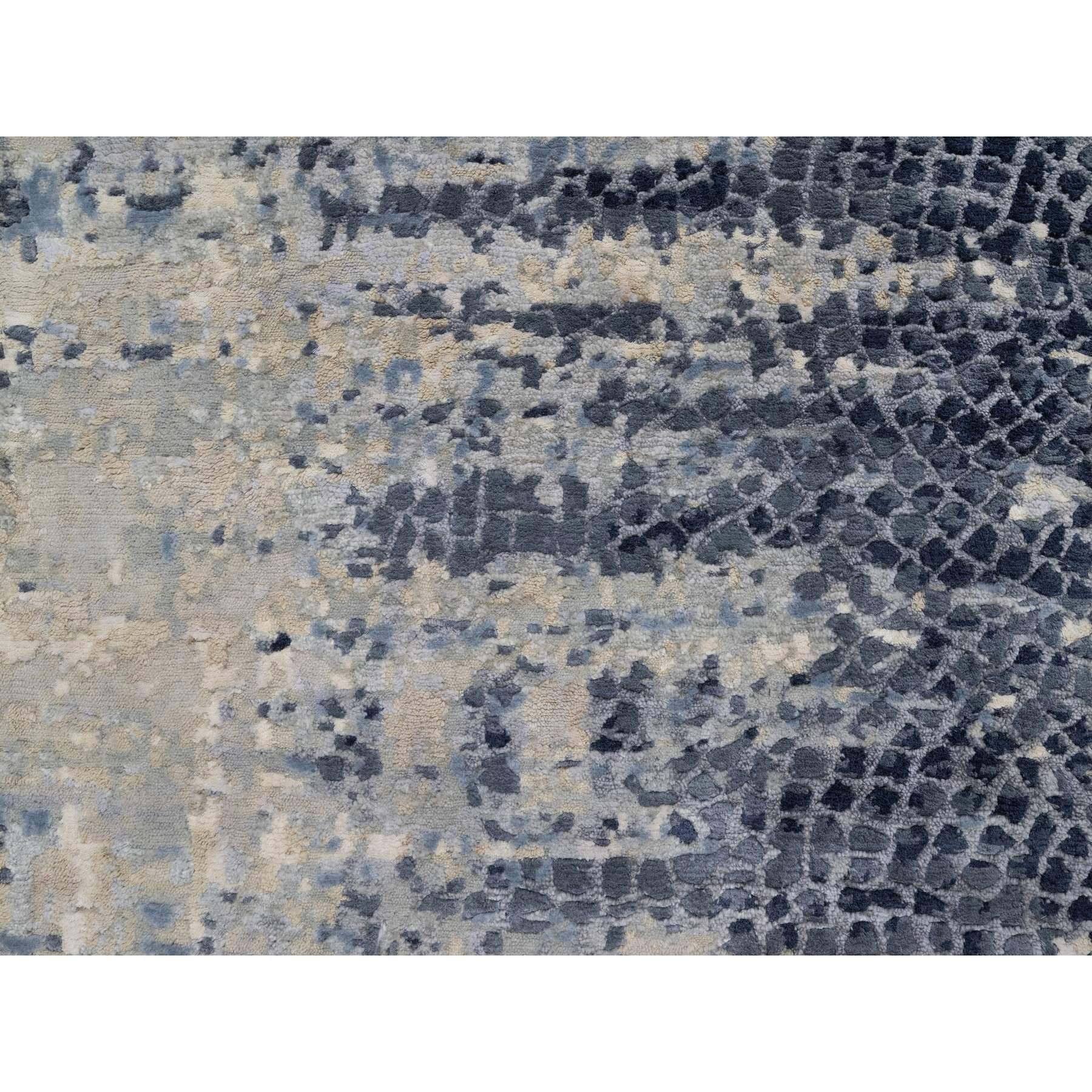 2'7"x8' Charcoal Gray with Beige, Modern Abstract with Mosaic Design, Wool and Silk, Hand Knotted, Runner, Oriental Rug HR91209 - Image 5