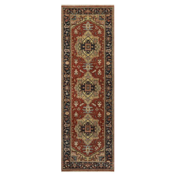 2'6"x8' Ruby Red, Hand Knotted, Heriz Revival with Medallion Design, Denser Weave, Hand Spun New Zealand Wool, Runner, Oriental Rug HR91240