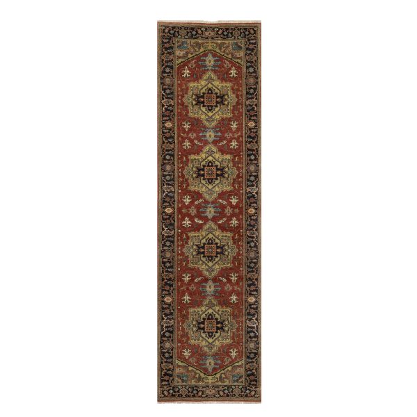 2'8"x10' Chili Red, Densely Woven, Hand Spun New Zealand Wool, Heriz Revival with Medallion Design, Hand Knotted, Runner, Oriental Rug HR91243