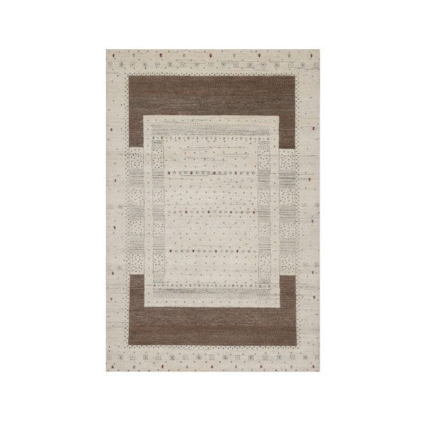 5'x8' Chiffon White with Brown, Modern Striae Design, Lori Buft Gabbeh with Small Animal Figurines, Thick and Plush, Soft Pile, Organic Wool, Hand Knotted, Oriental Rug HR91248
