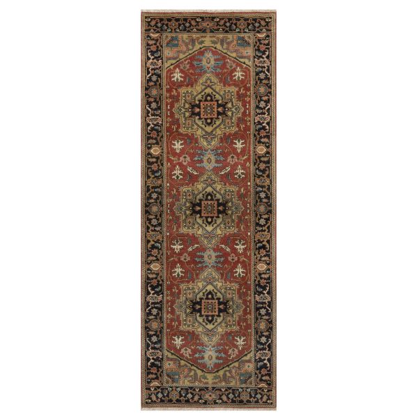 2'7"x7'10" Barn Red, Densely Woven, Heriz Revival with Medallion Design, Hand Spun New Zealand Wool, Hand Knotted, Runner, Oriental Rug HR91251
