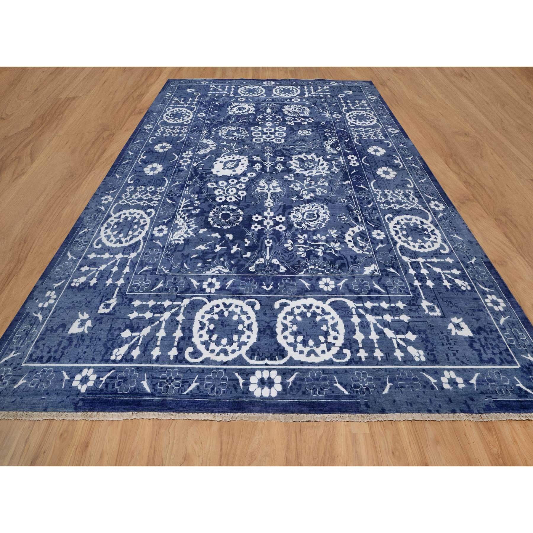 11'9"x15' Nova Blue with Ivory, Hand Knotted, Tone on Tone, Tabriz with All Over Leaf Motif, Wool and Silk, Oversized, Oriental Rug HR91265 - Image 2