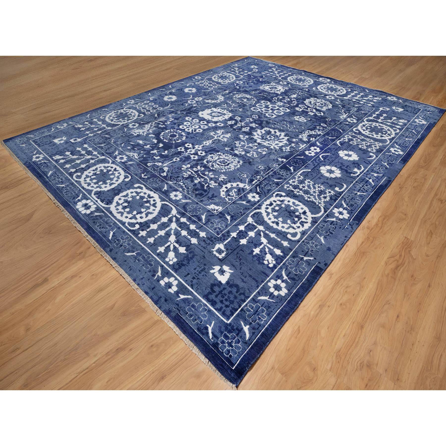 11'9"x15' Nova Blue with Ivory, Hand Knotted, Tone on Tone, Tabriz with All Over Leaf Motif, Wool and Silk, Oversized, Oriental Rug HR91265 - Image 3
