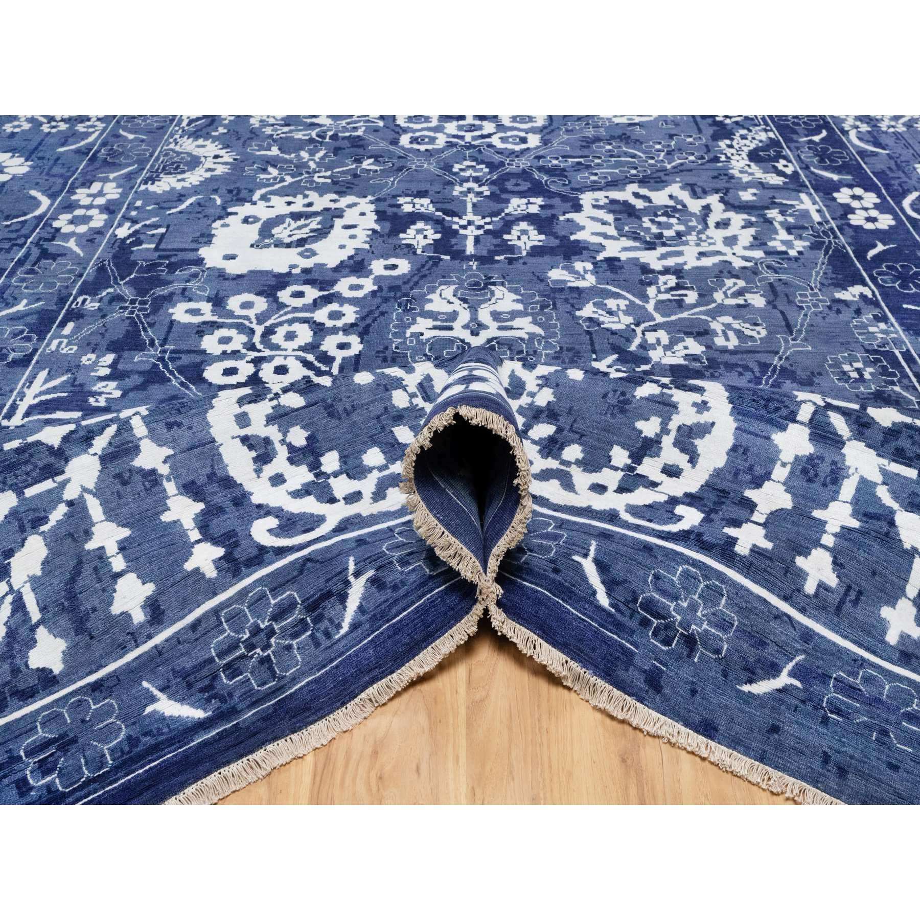 11'9"x15' Nova Blue with Ivory, Hand Knotted, Tone on Tone, Tabriz with All Over Leaf Motif, Wool and Silk, Oversized, Oriental Rug HR91265 - Image 5