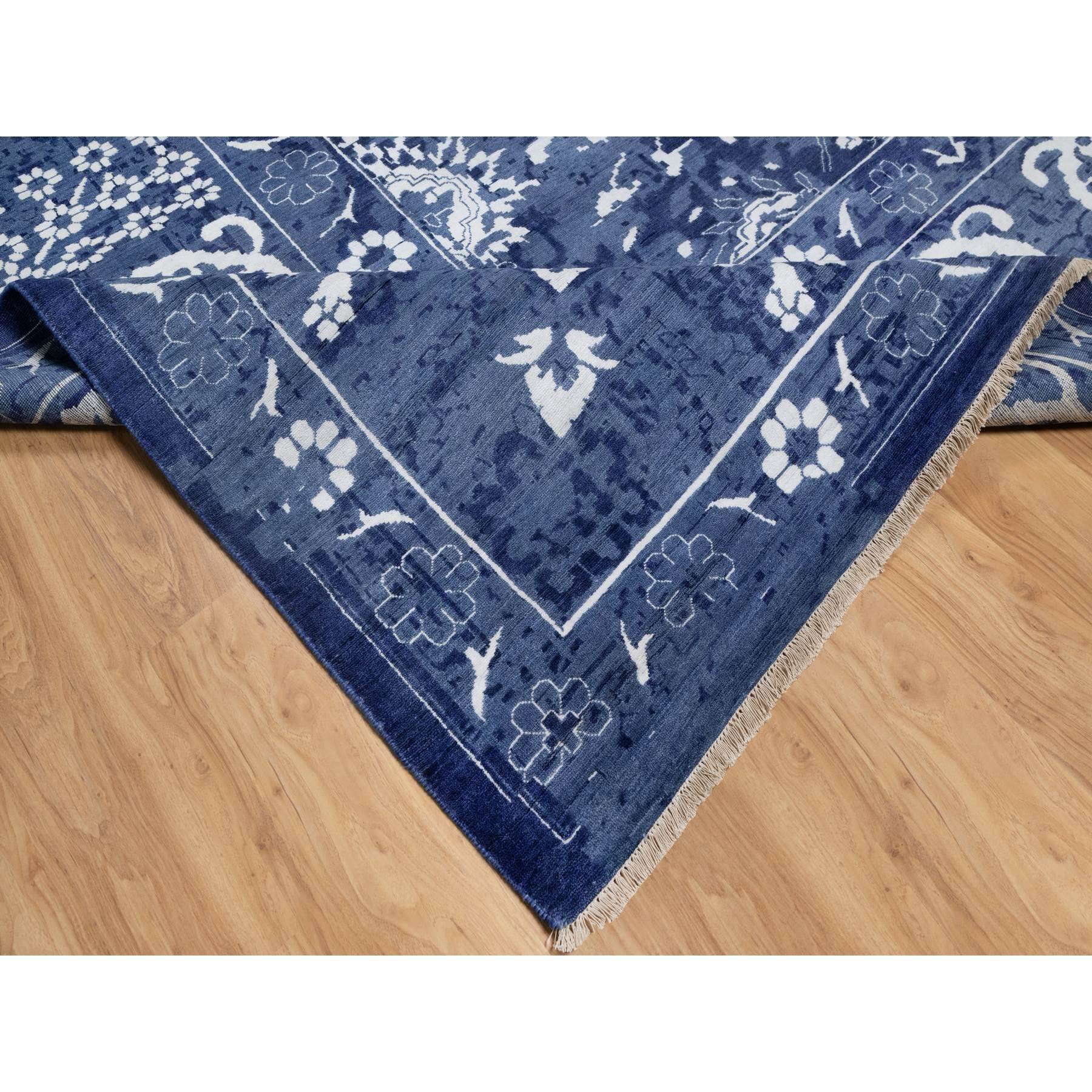 11'9"x15' Nova Blue with Ivory, Hand Knotted, Tone on Tone, Tabriz with All Over Leaf Motif, Wool and Silk, Oversized, Oriental Rug HR91265 - Image 6