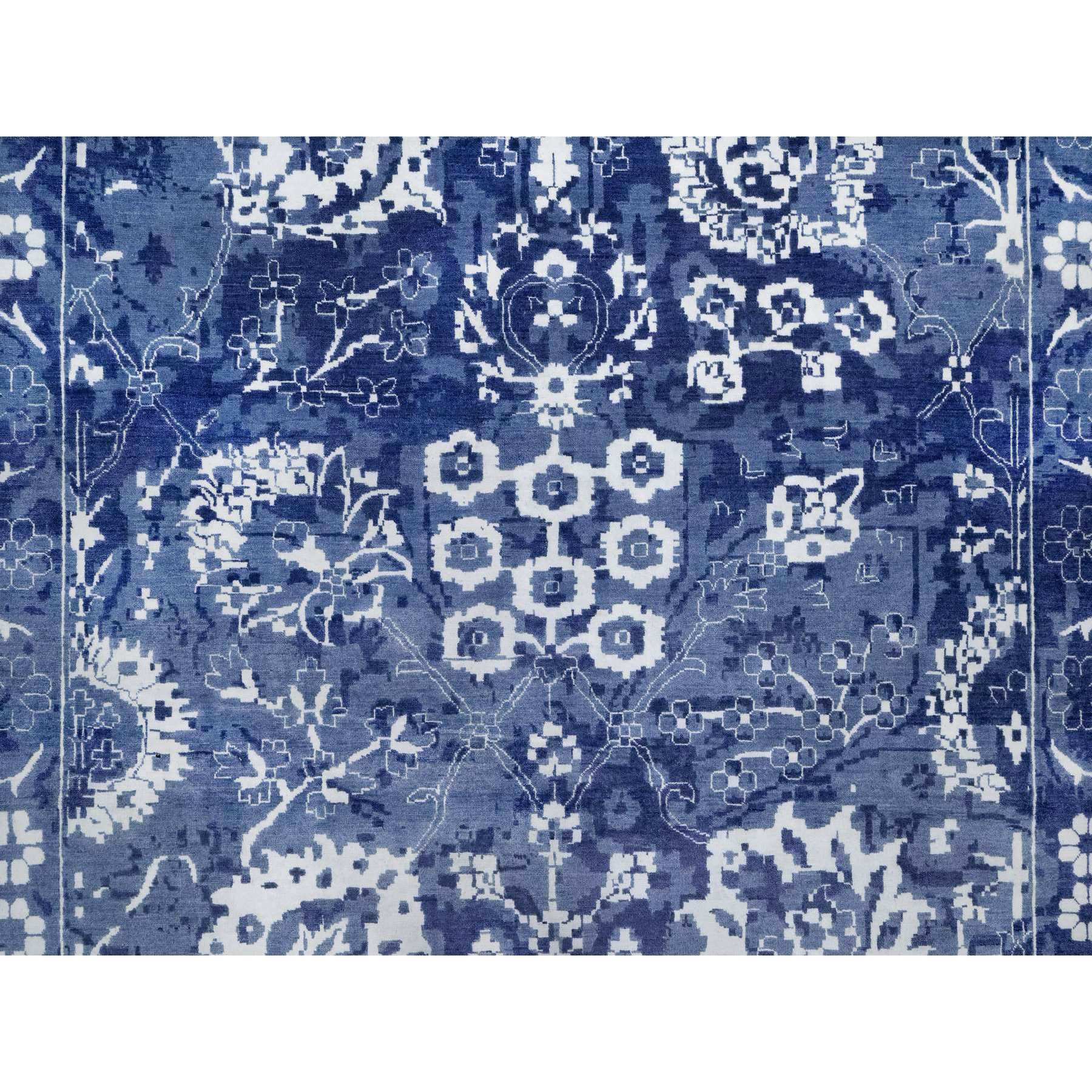 11'9"x15' Nova Blue with Ivory, Hand Knotted, Tone on Tone, Tabriz with All Over Leaf Motif, Wool and Silk, Oversized, Oriental Rug HR91265 - Image 8