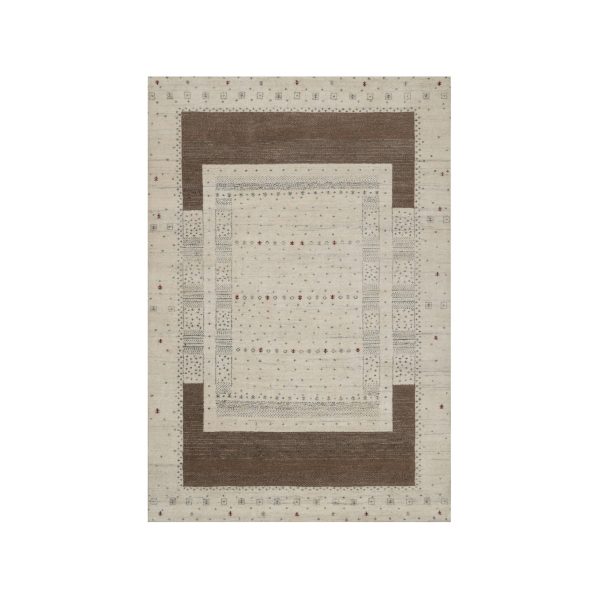 5'x7'10" Chiffon White with Brown, Lori Buft Gabbeh with Small Animal Figurines, Modern Striae Design, Thick and Plush, Soft Pile, Organic Wool, Hand Knotted, Oriental Rug HR91267