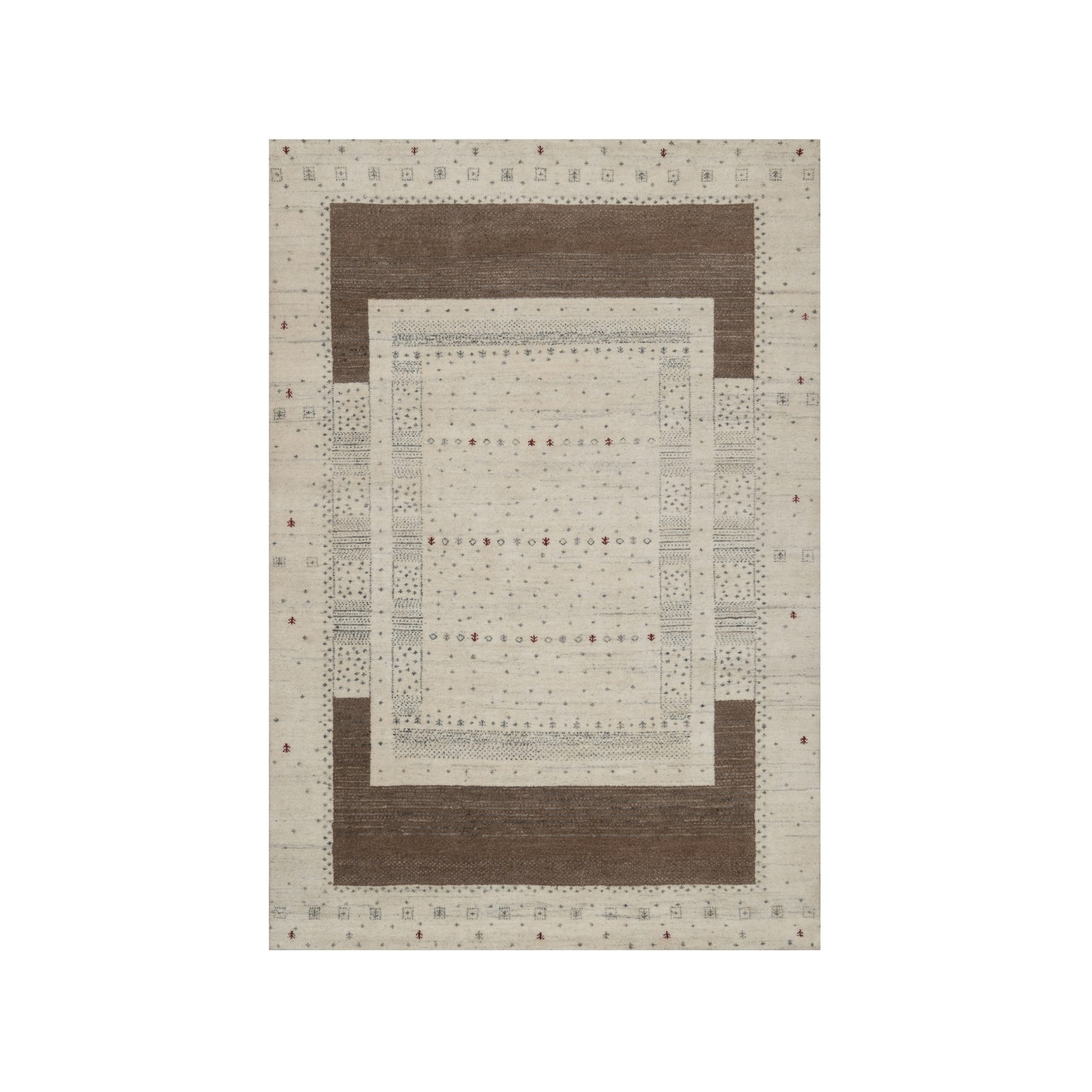 5'x7'10" Chiffon White with Brown, Lori Buft Gabbeh with Small Animal Figurines, Modern Striae Design, Thick and Plush, Soft Pile, Organic Wool, Hand Knotted, Oriental Rug HR91267