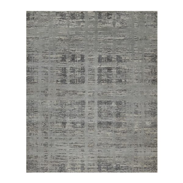 8'1"x10' Nevada Gray, Modern Criss Cross Erased Design, Hand Spun Undyed Natural Wool, Hand Knotted, Oriental Rug HR91283
