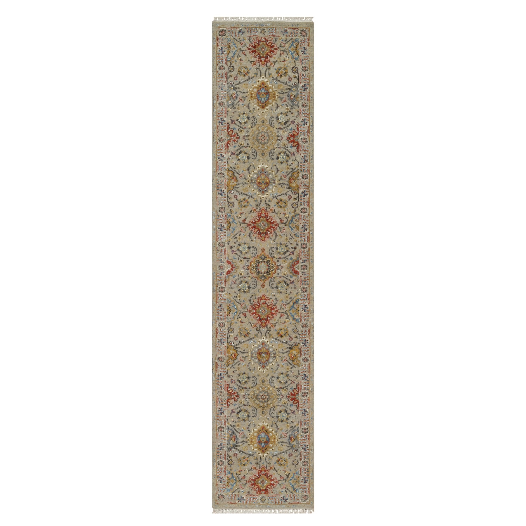 2'6"x11'10" Desert Sand Brown, THE SUNSET ROSETTES with Soft Colors, Hand Knotted, Wool and Pure Silk, Runner, Oriental Rug HR91287