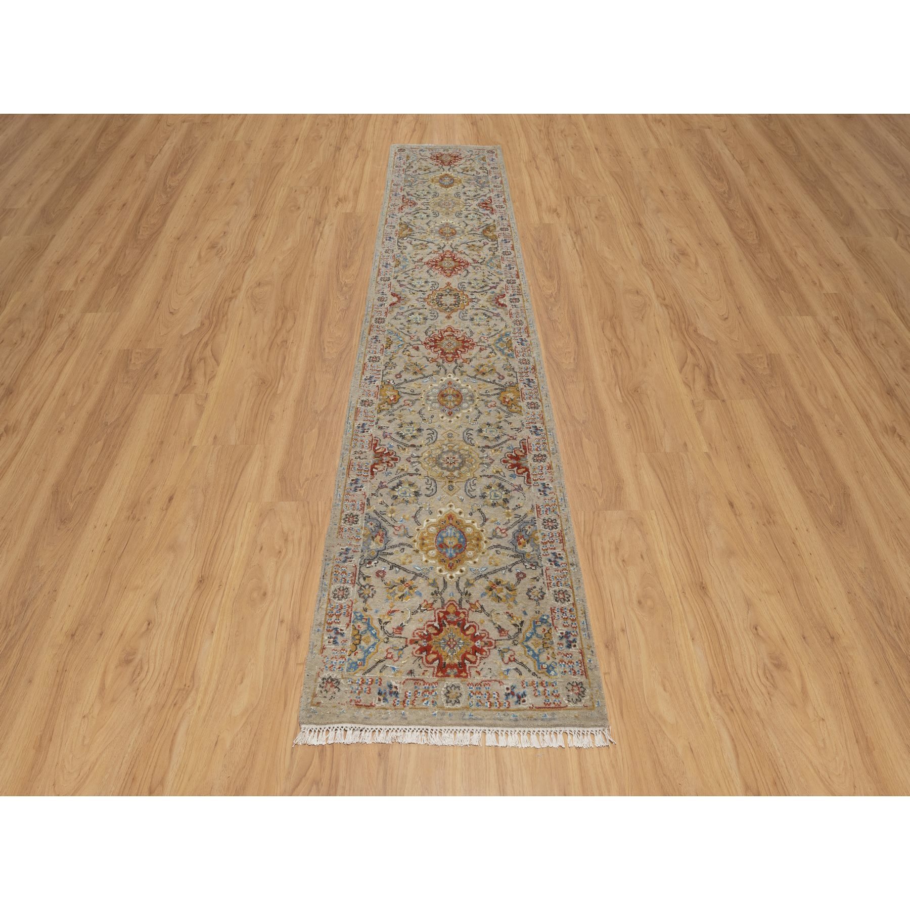 2'6"x11'10" Desert Sand Brown, THE SUNSET ROSETTES with Soft Colors, Hand Knotted, Wool and Pure Silk, Runner, Oriental Rug HR91287 - Image 2