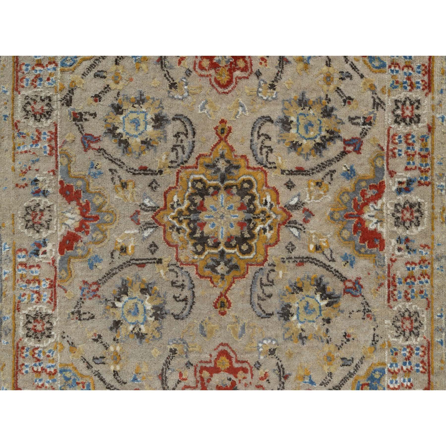 2'6"x11'10" Desert Sand Brown, THE SUNSET ROSETTES with Soft Colors, Hand Knotted, Wool and Pure Silk, Runner, Oriental Rug HR91287 - Image 5