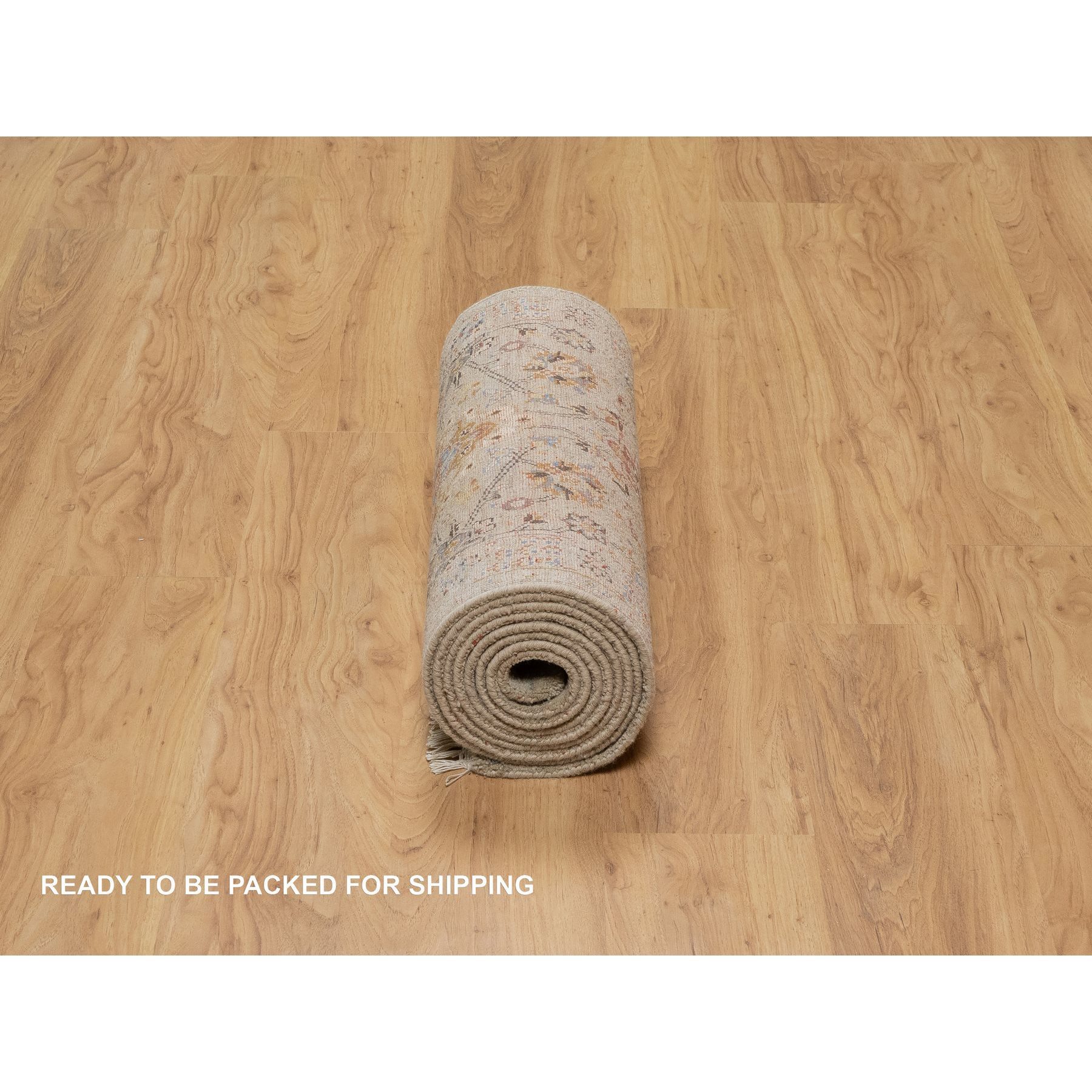 2'6"x11'10" Desert Sand Brown, THE SUNSET ROSETTES with Soft Colors, Hand Knotted, Wool and Pure Silk, Runner, Oriental Rug HR91287 - Image 6