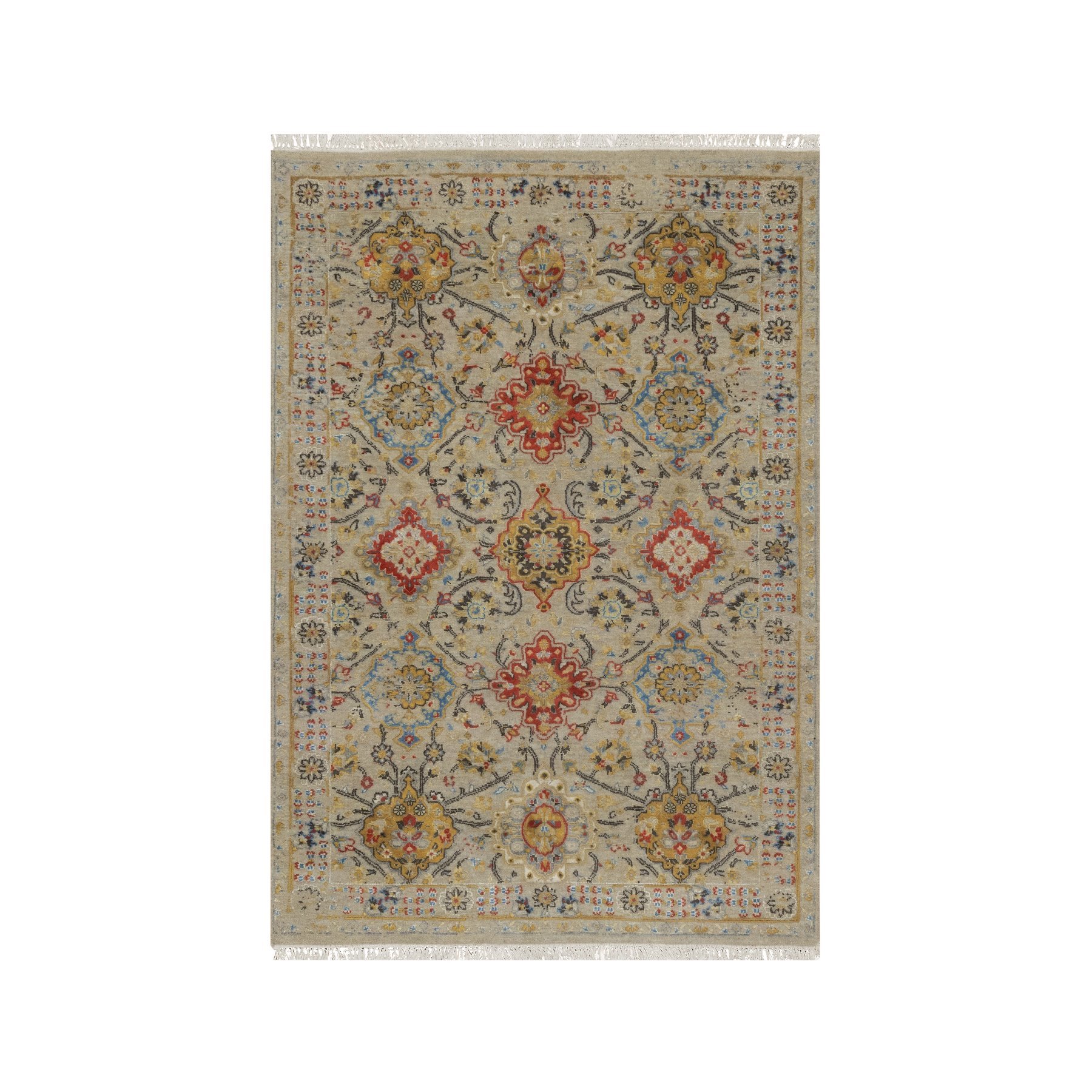 4'1"x6' Khaki Brown, Soft to the Touch Pile, THE SUNSET ROSETTES, Hand Knotted, Wool and Pure Silk, Oriental Rug HR91288