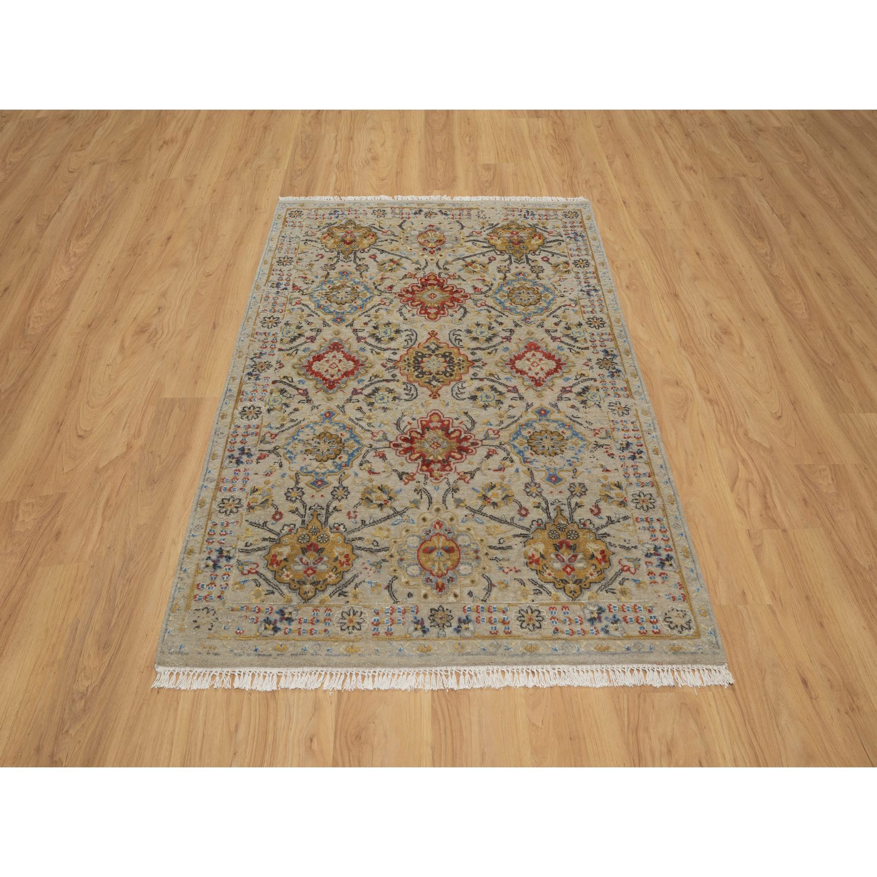 4'1"x6' Khaki Brown, Soft to the Touch Pile, THE SUNSET ROSETTES, Hand Knotted, Wool and Pure Silk, Oriental Rug HR91288 - Image 2