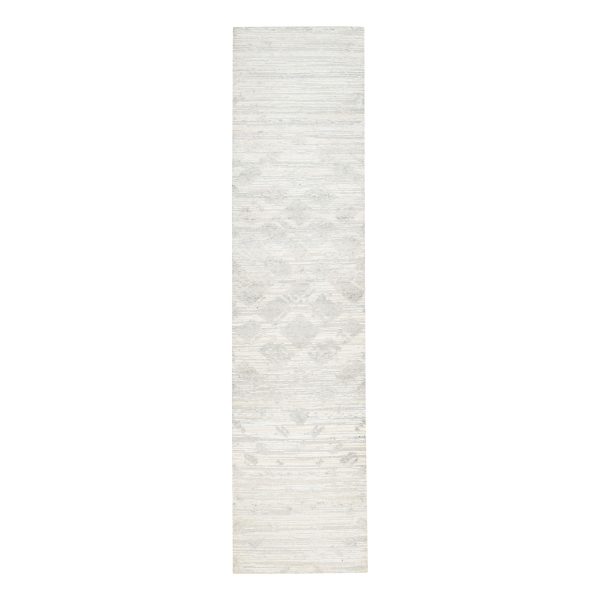 2'7"x12' Hand Spun Undyed Natural Wool Modern Hand Knotted Ivory Oriental Runner Rug HR62919