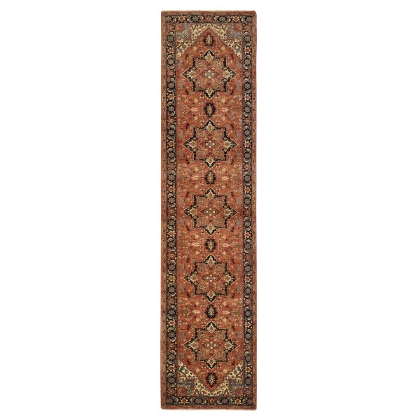 2'7"x12' Terracotta Red, Pure Wool Hand Knotted Antiqued Fine Heriz Re-Creation, Dense Weave Natural Dyes, Runner Oriental Rug HR64250