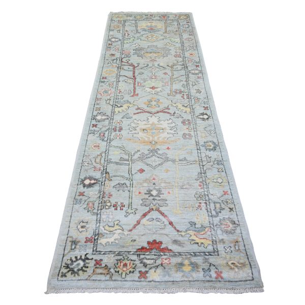 3'x9'5" Alice Blue, Afghan Angora Oushak  with Colorful Patterns, Natural Dyes, Pure Wool, Hand Knotted, Runner Oriental Rug HR73869