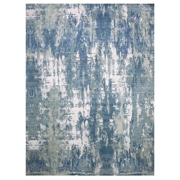 12'2"x15'1" Oceanic Blue, Abstract Design Hi-Low Pile, Denser Weave Hand Knotted Pure Silk and Wool, Oversized Oriental Rug HR75102