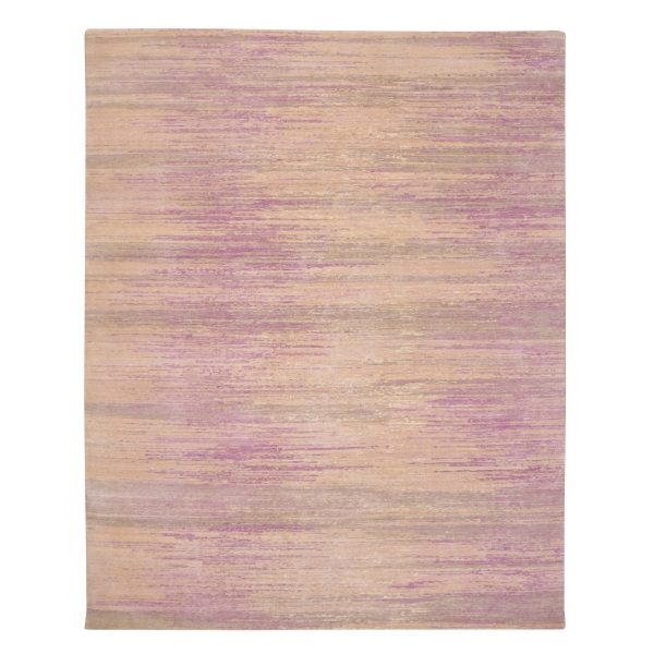 8'1"x10'3" Fuscia Pink with Ivory, Horizontal Ombre Design, Hand Knotted, Pure Wool, Oriental Rug HR75513