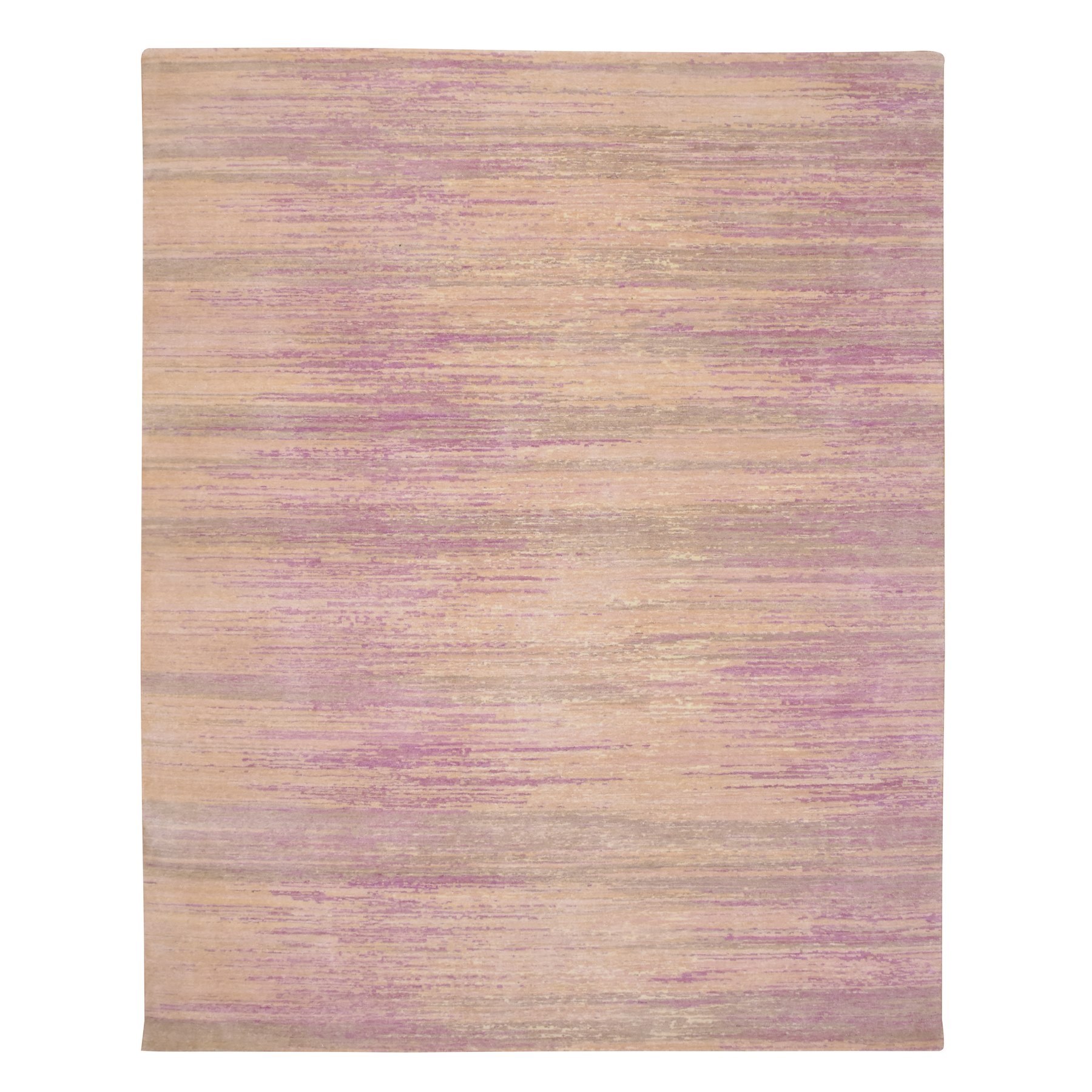 8'1"x10'3" Fuscia Pink with Ivory, Horizontal Ombre Design, Hand Knotted, Pure Wool, Oriental Rug HR75513