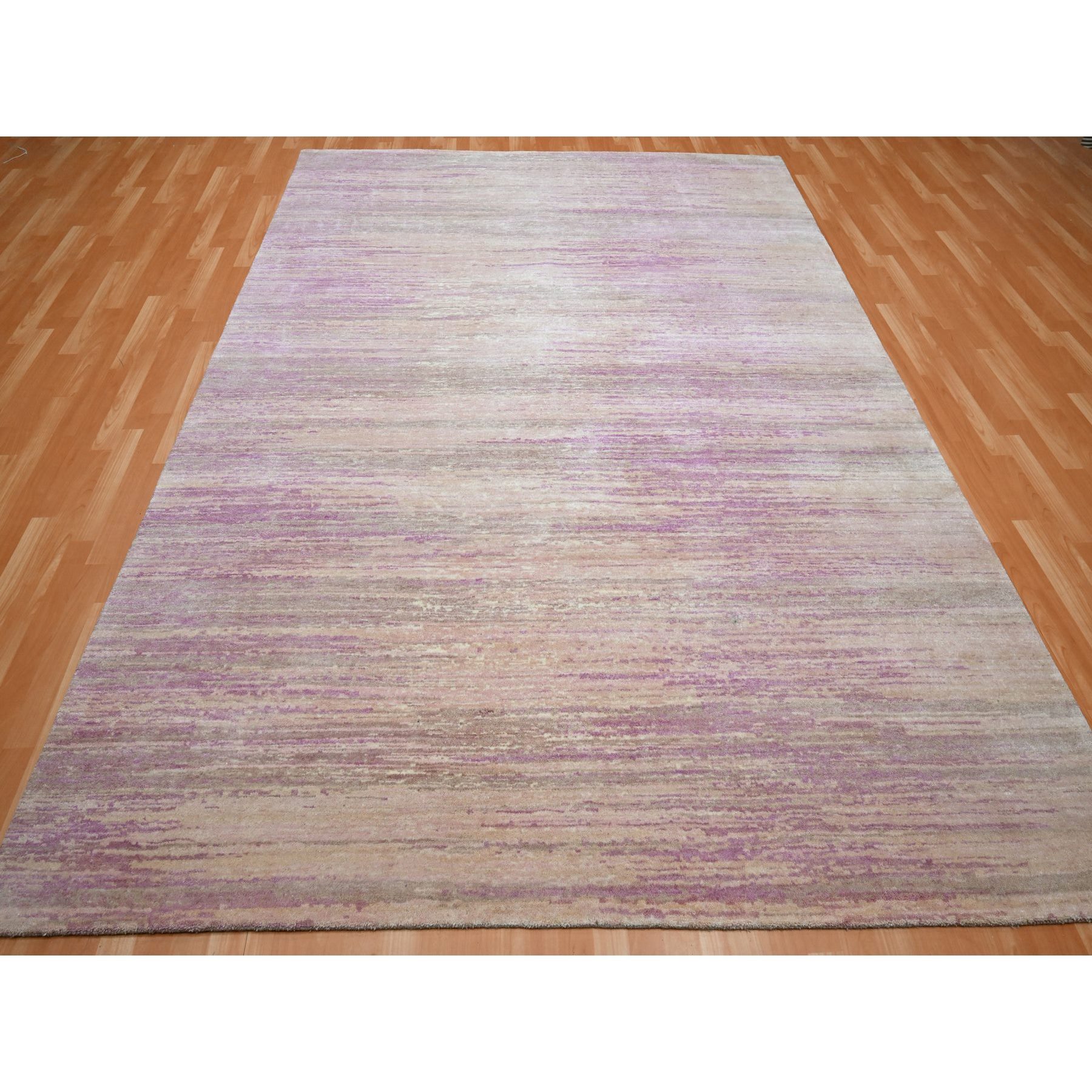 8'1"x10'3" Fuscia Pink with Ivory, Horizontal Ombre Design, Hand Knotted, Pure Wool, Oriental Rug HR75513 - Image 2